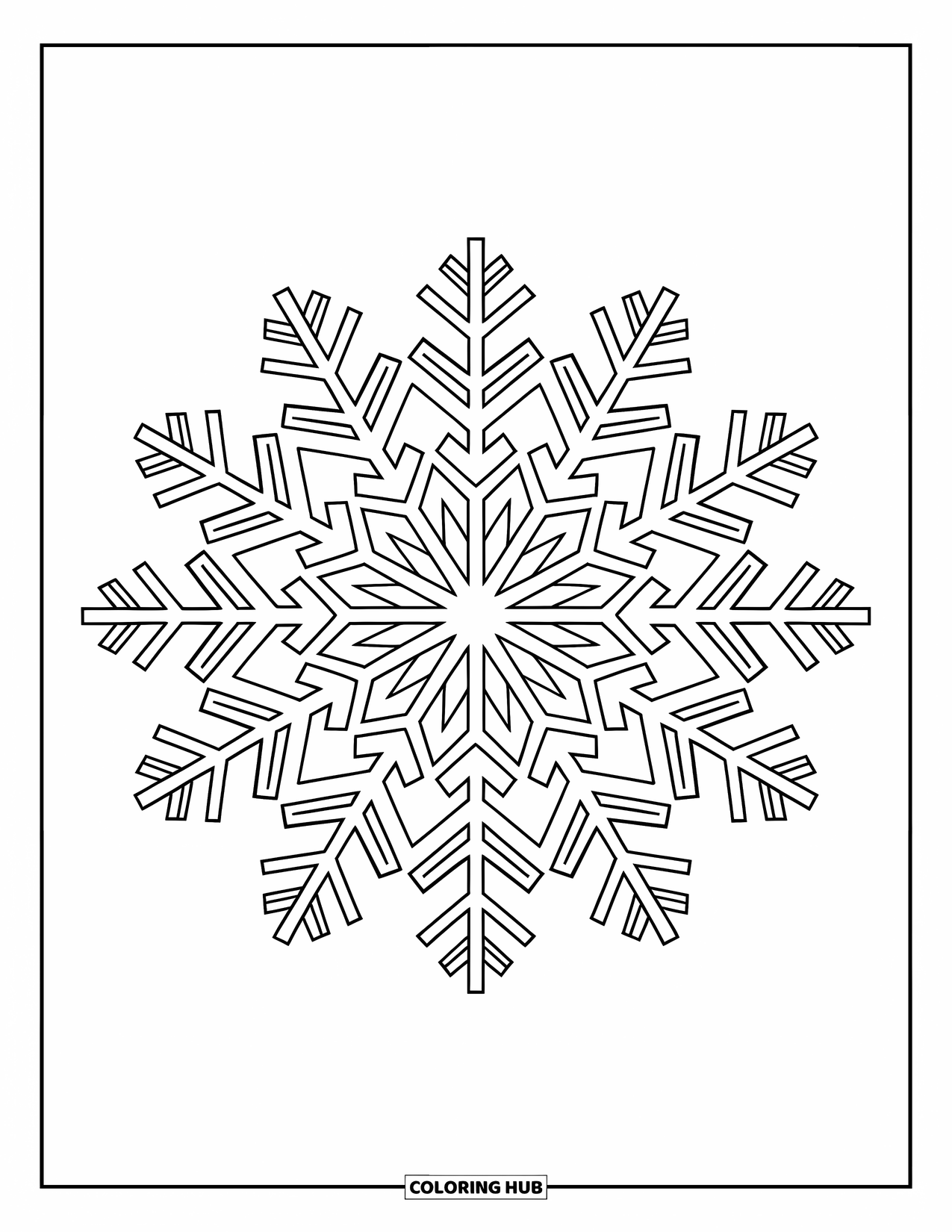 Snowflake Coloring Page for Adults: A snowflake mandala with intricate details forms a delicate full-page pattern