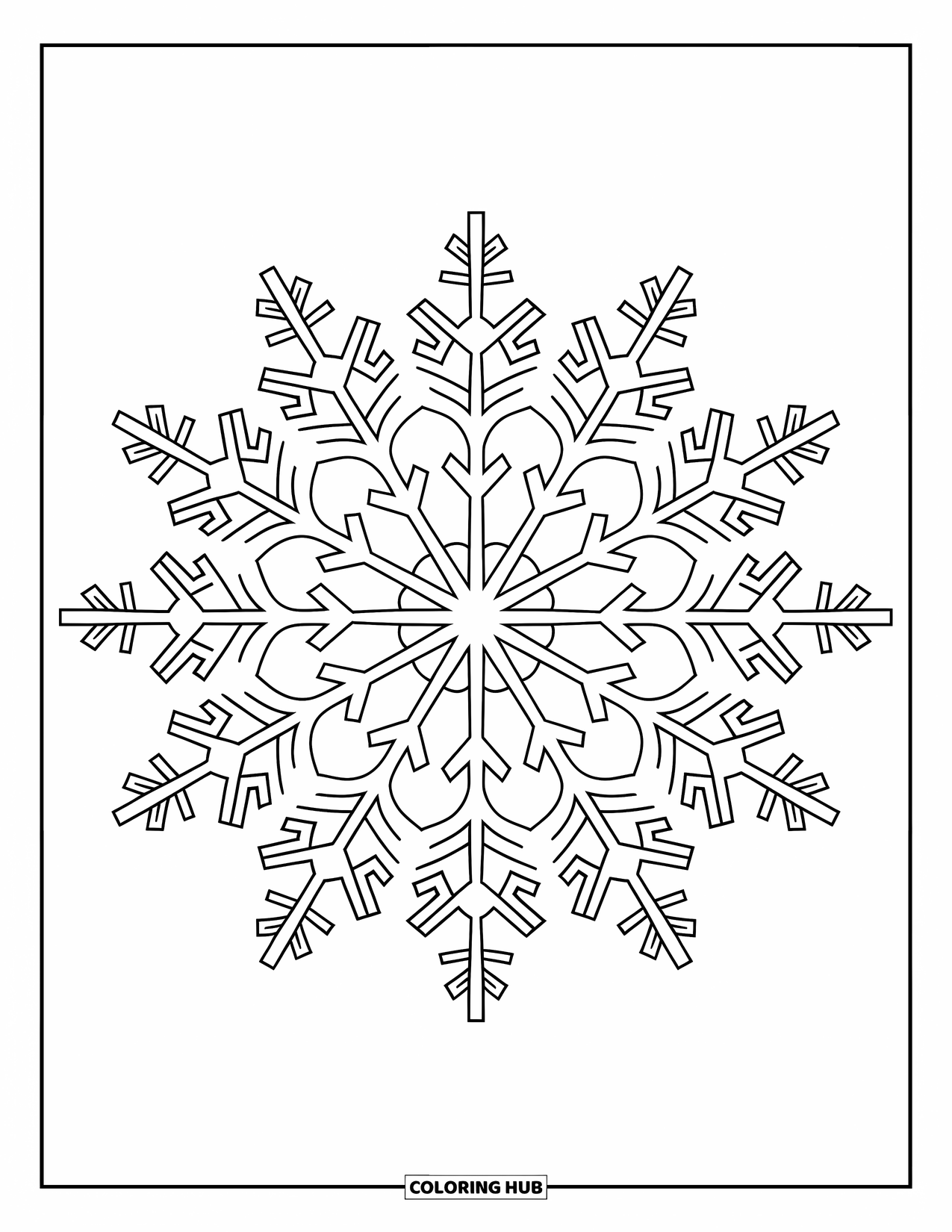 Snowflake Coloring Page for Adults: A snowflake mandala with lacy patterns spreads across a full-page design