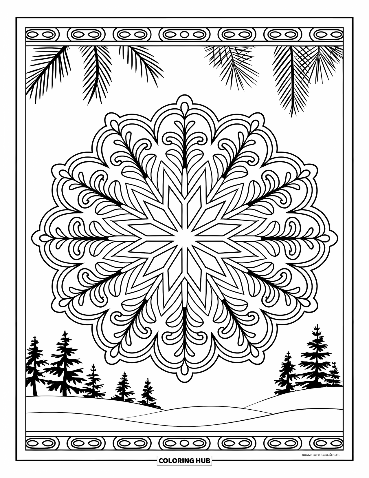 Snowflake Coloring Page for Adults: A snowflake mandala with swirls and pine elements is bordered by snowy trees