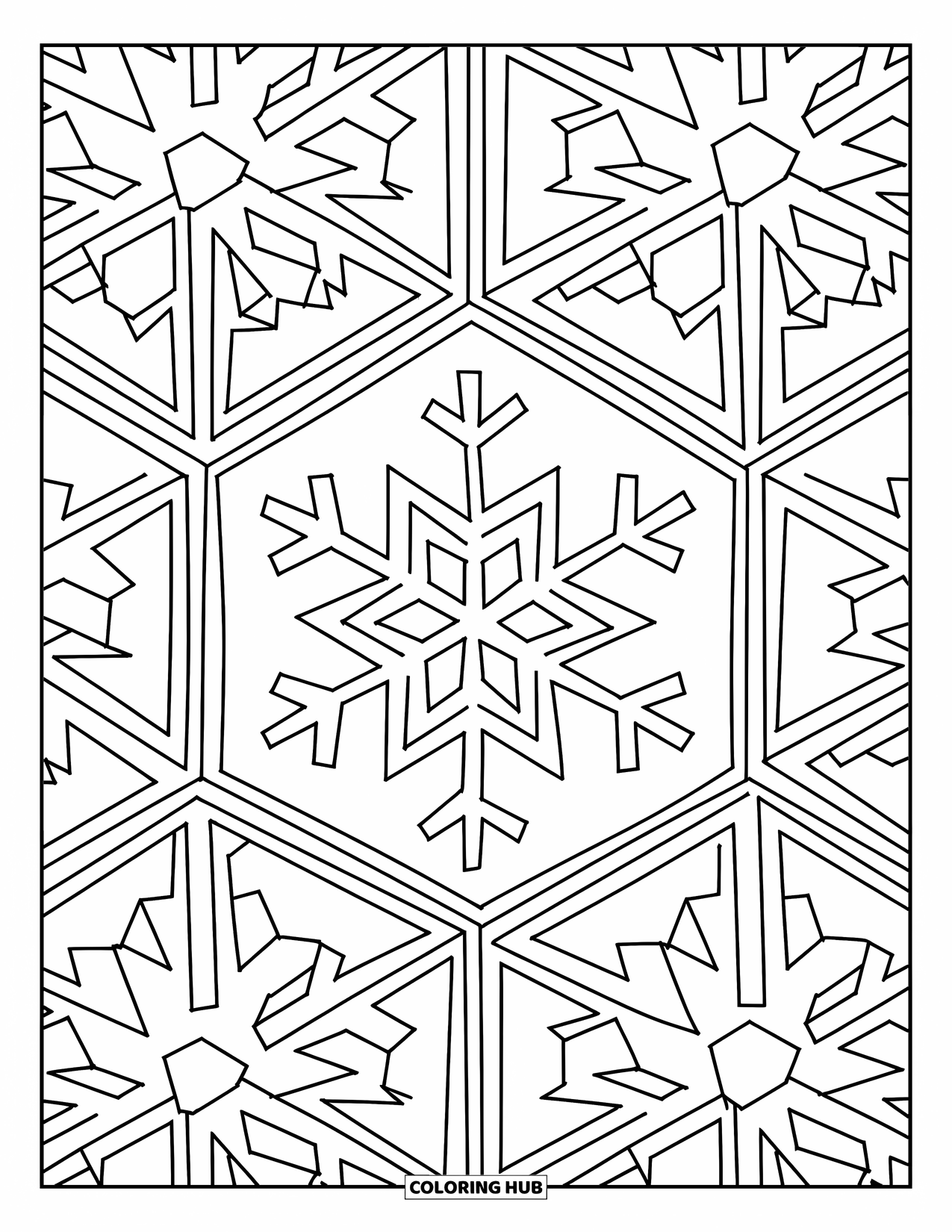 Snowflake Coloring Page for Adults: A snowflake repeats in the center of tiled squares, each with unique patterns
