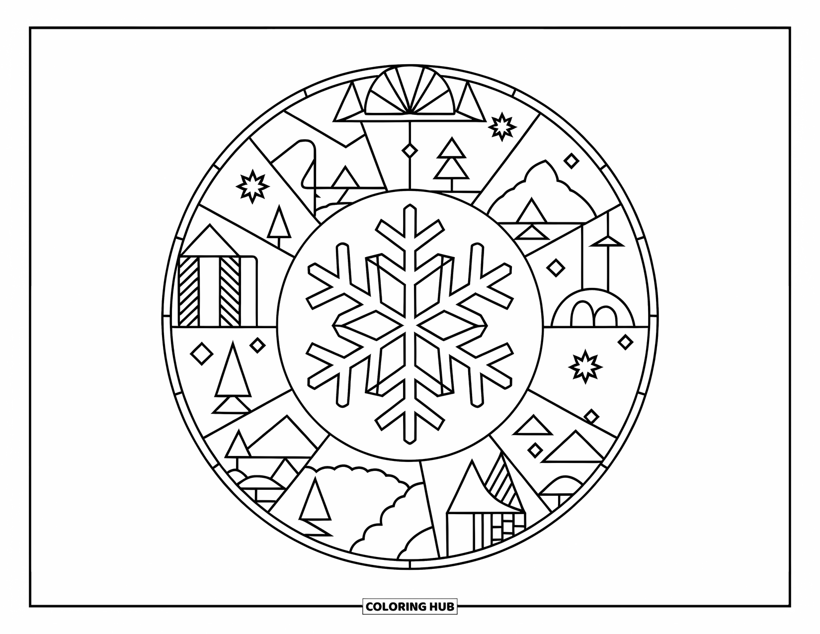 Snowflake Coloring Page for Adults: A snowflake rests in a stained glass circle divided into trees, houses, and stars