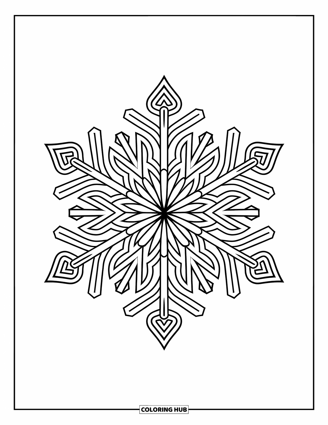 Snowflake Coloring Page for Adults: A snowflake-shaped mandala with intricate lines fills the page in a clean design