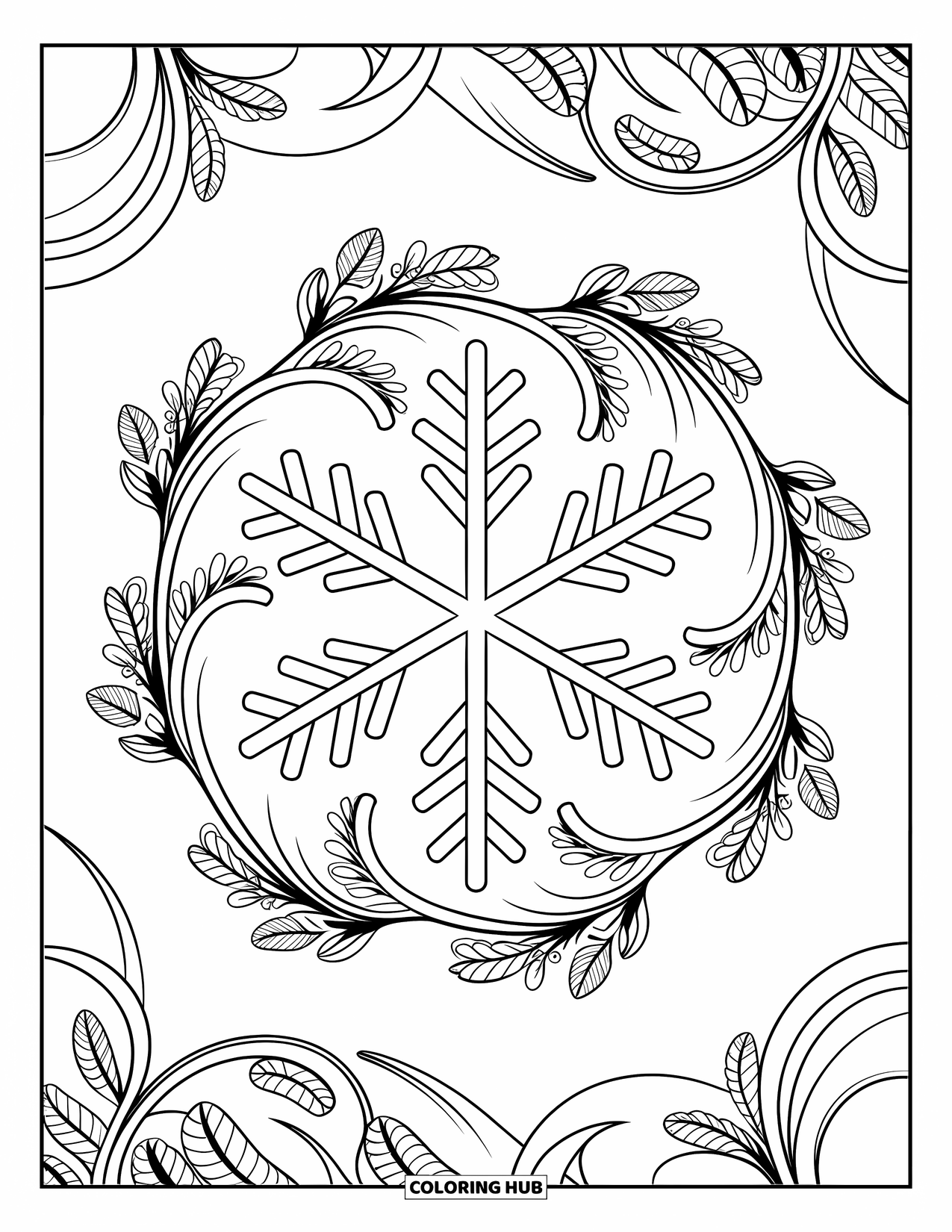 Snowflake Coloring Page for Adults: A snowflake sits among swirling winter branches in a detailed design