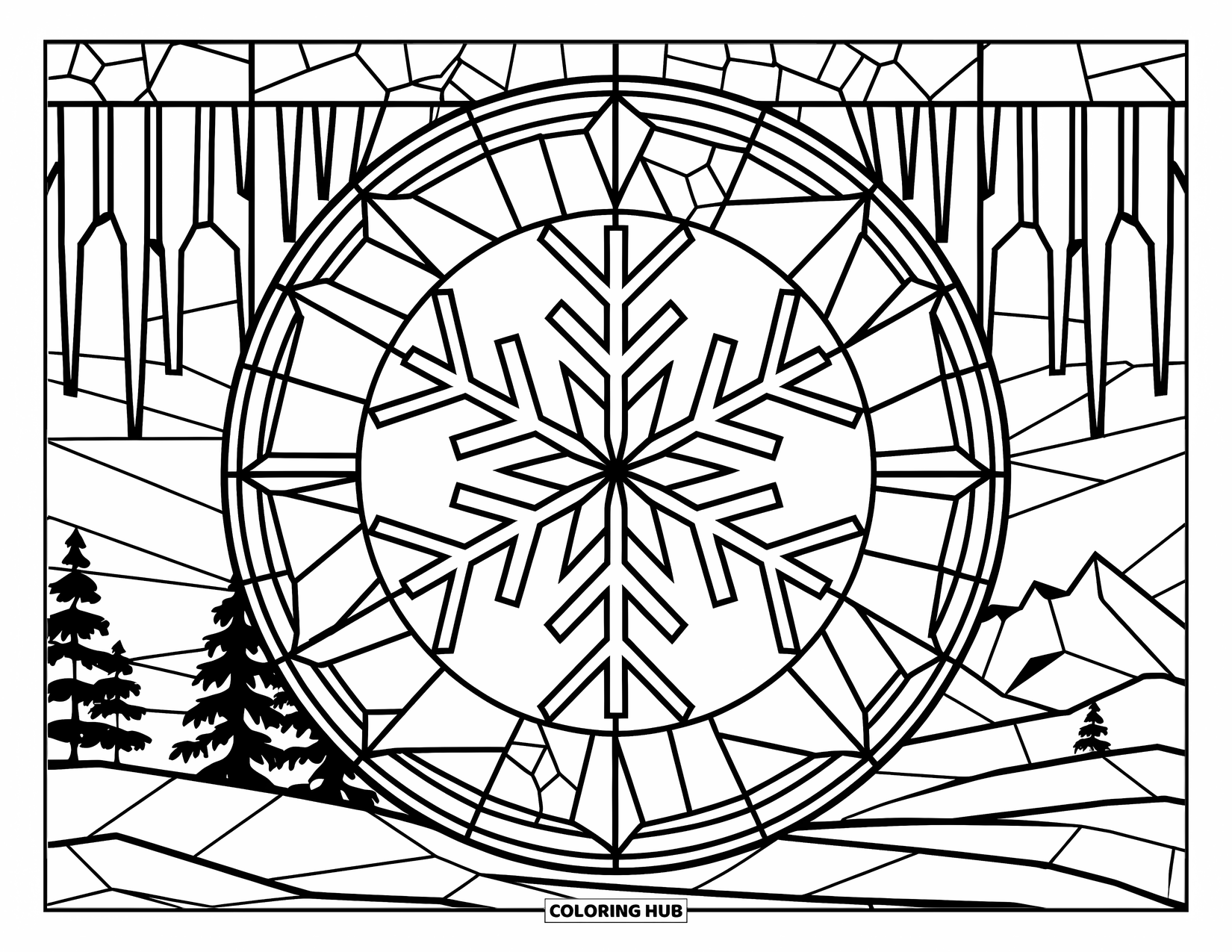 Snowflake Coloring Page for Adults: A snowflake sits in stained glass framed by winter trees and distant mountains