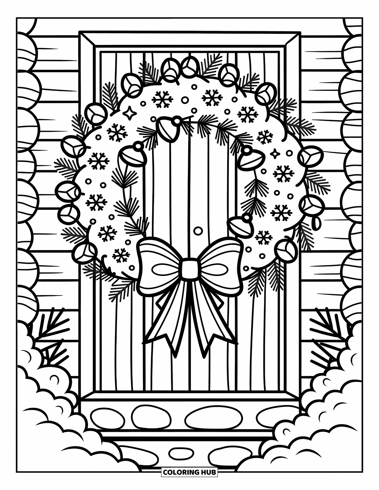 Snowflake Coloring Page for Adults: A snowflake wreath with a big bow hangs on a cozy cabin door