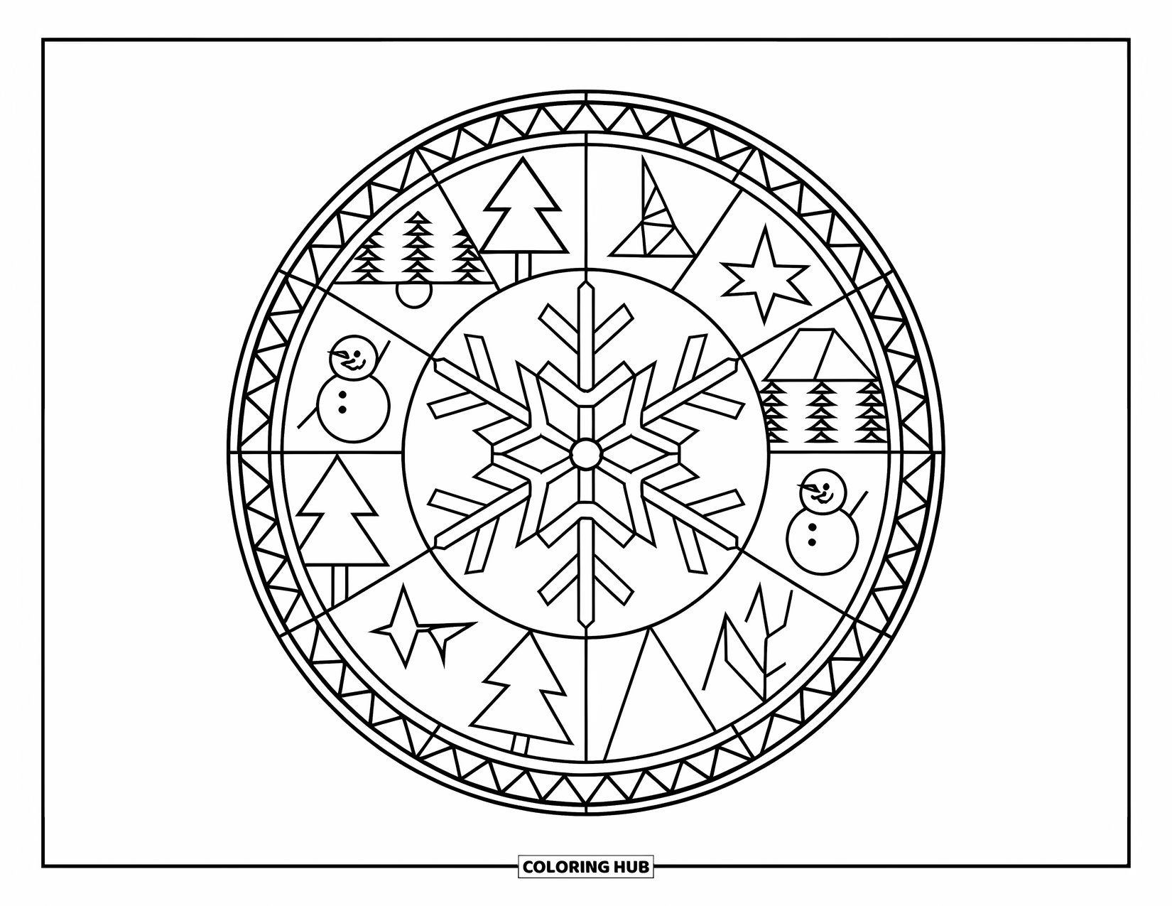 Snowflake Coloring Page for Adults: A stained glass circle with winter icons surrounds a large central snowflake
