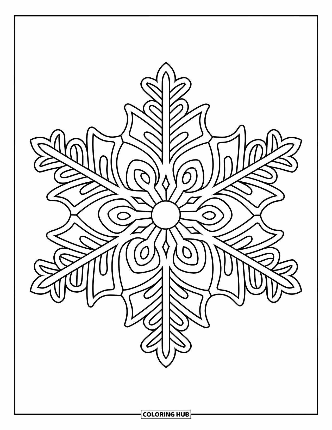 Snowflake Coloring Page for Adults: A symmetrical snowflake mandala is filled with bold, relaxing winter details