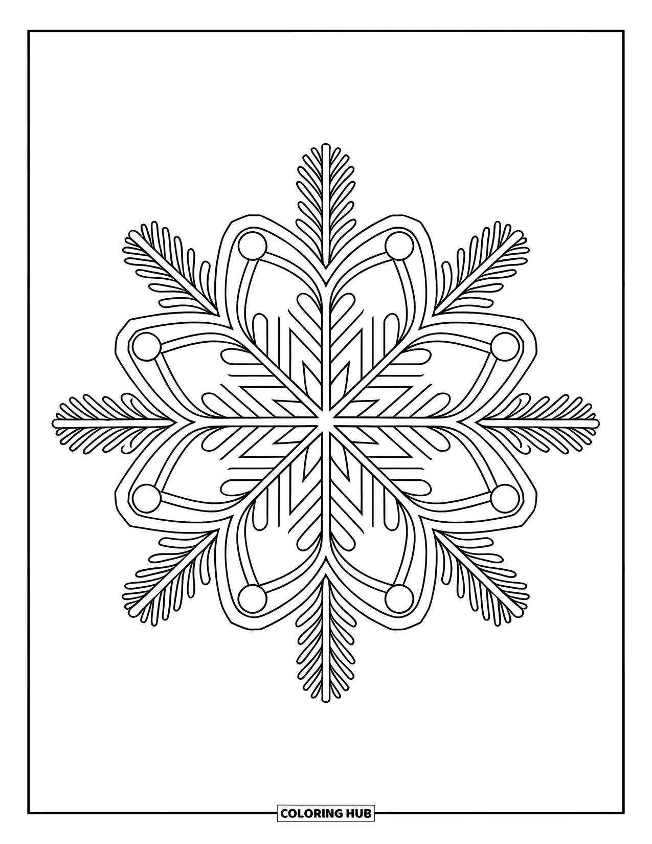 Snowflake Coloring Page for Adults: A winter mandala with a snowflake center includes swirling pine and seasonal patterns