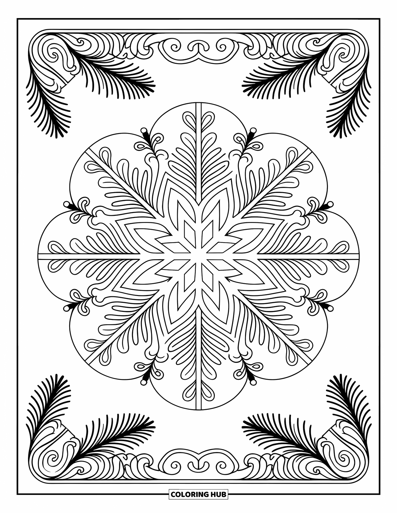 Snowflake Coloring Page for Adults: A winter mandala with pine and swirls centers on a bold symmetrical snowflake
