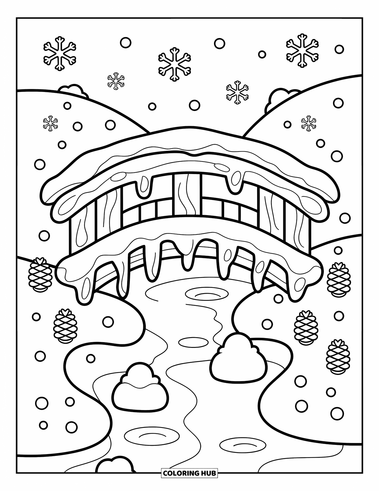Snowflake Coloring Page for Adults: A wooden bridge crosses a frozen stream with snowflakes, pinecones, and soft hills