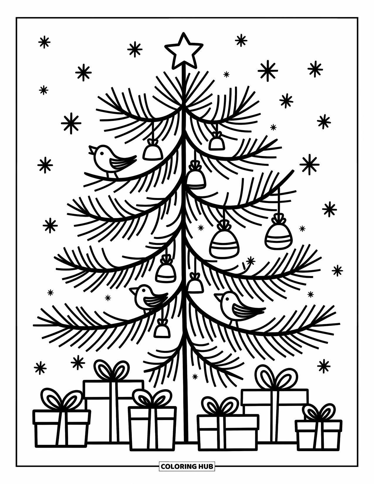 Snowflake Coloring Page for Adults: Birds perch on a decorated tree with bows, stars, and gift boxes below