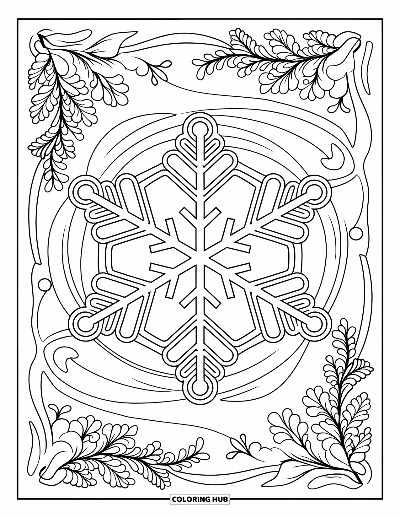 Snowflake Coloring Page for Adults: Decorative branches and swirls surround a large snowflake in a detailed layout