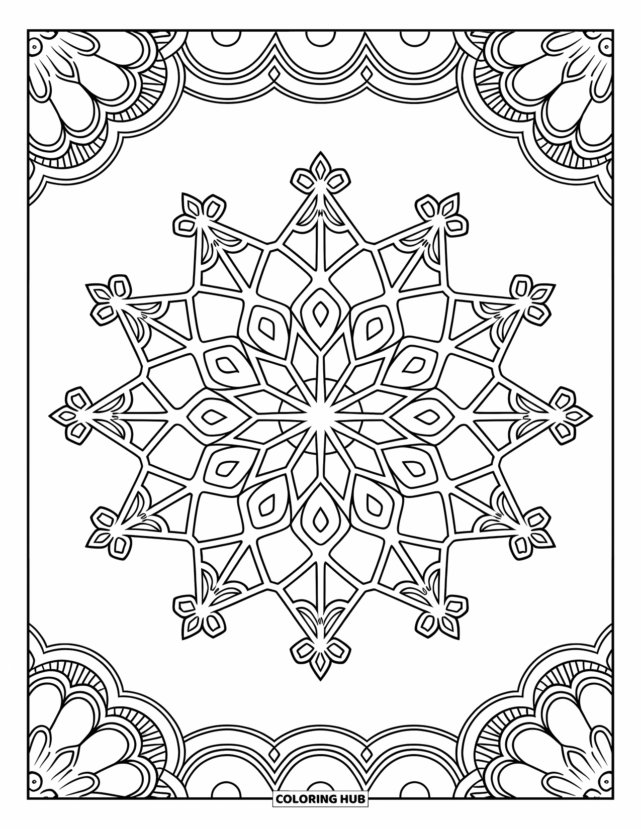 Snowflake Coloring Page for Adults: Interconnected snowflakes form a lacy mandala across the entire page