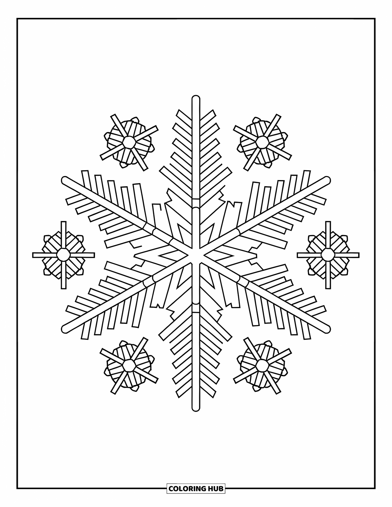 Snowflake Coloring Page for Adults: One large snowflake is surrounded by smaller snowflakes with delicate details