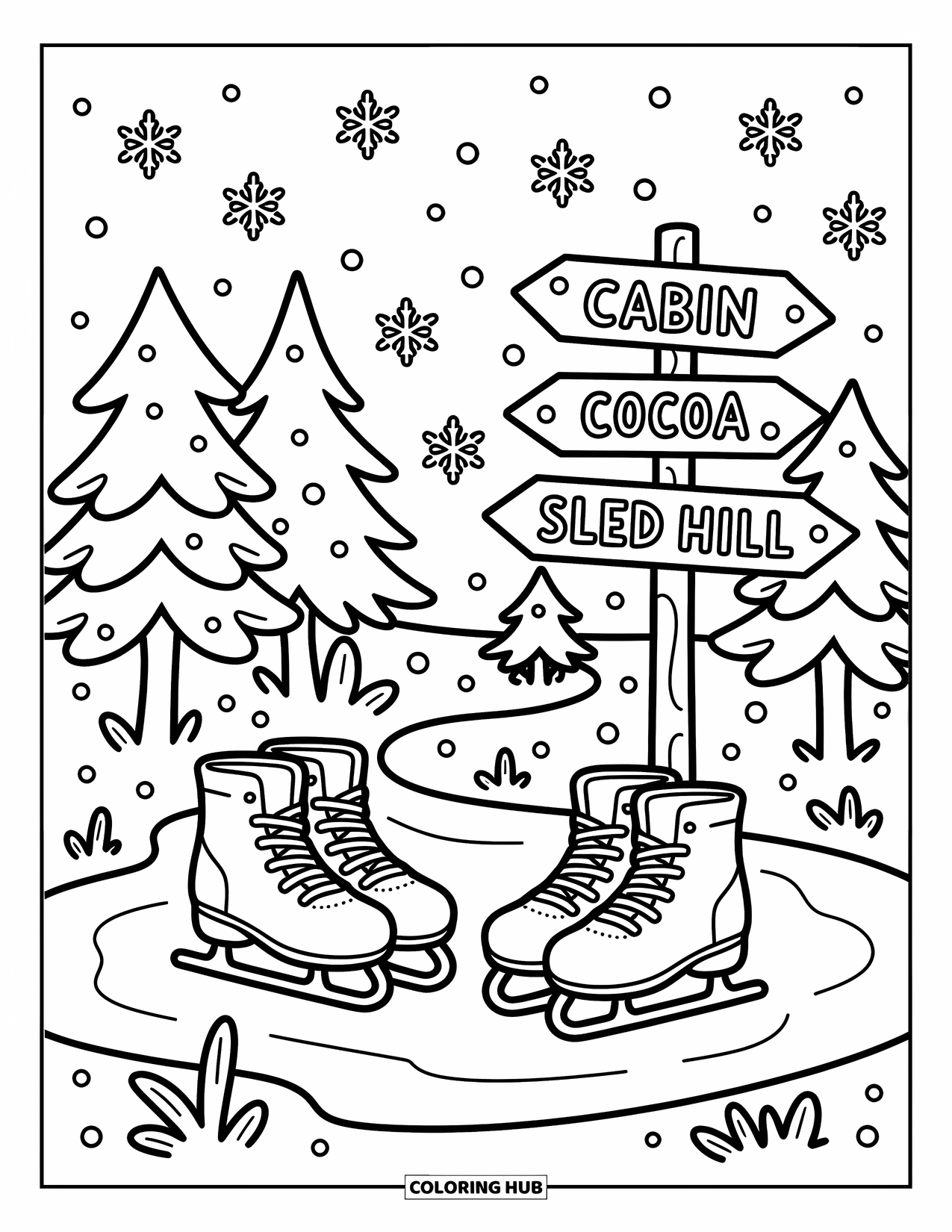 Snowflake Coloring Page for Adults: Skates and boots rest by a frozen pond with a sign for cocoa and sledding