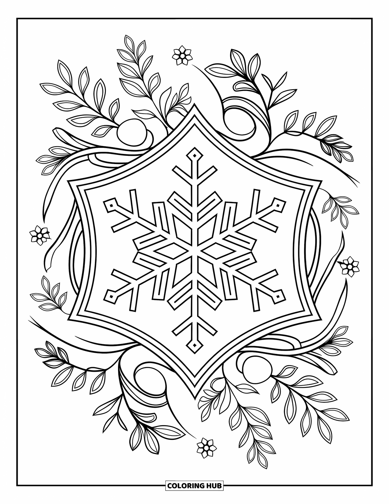 Snowflake Coloring Page for Adults: Snowflake and floral swirls combine in a relaxing winter-themed design