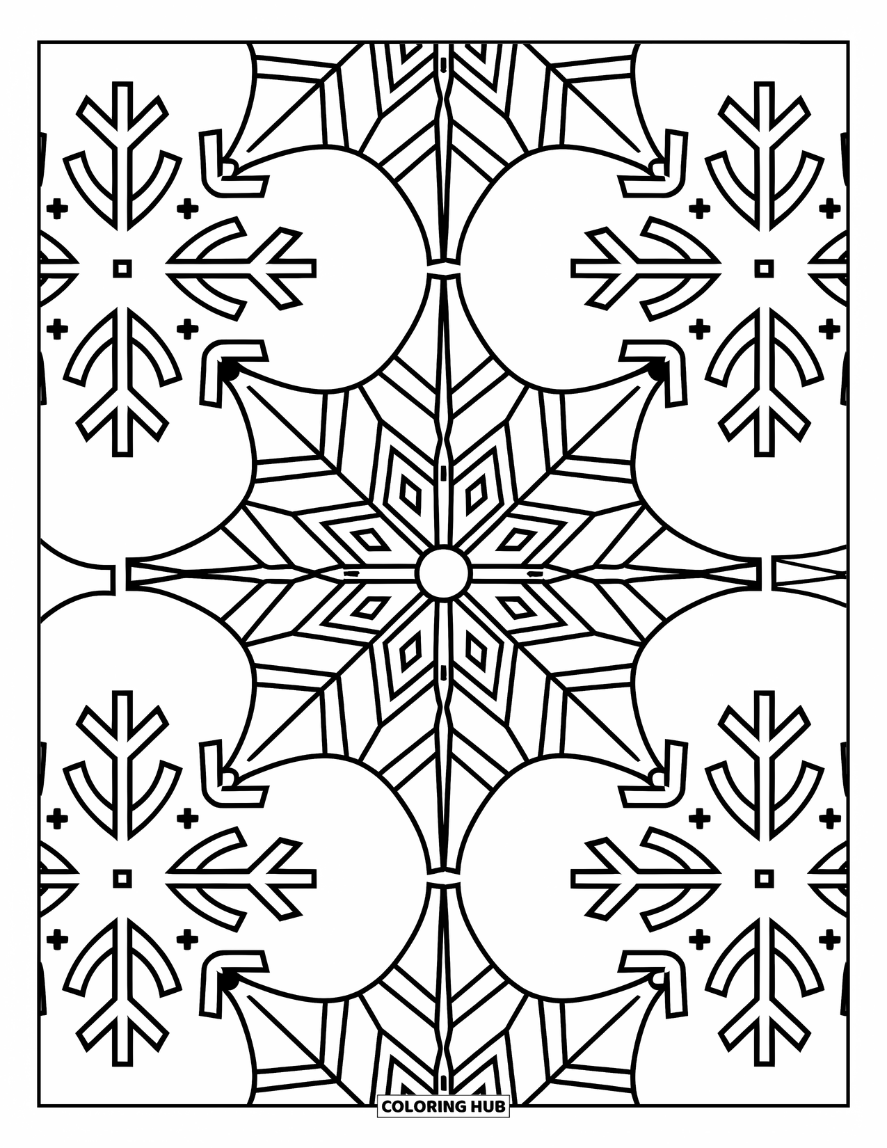 Snowflake Coloring Page for Adults: Snowflakes are arranged in a tiled grid, each one with symmetrical designs