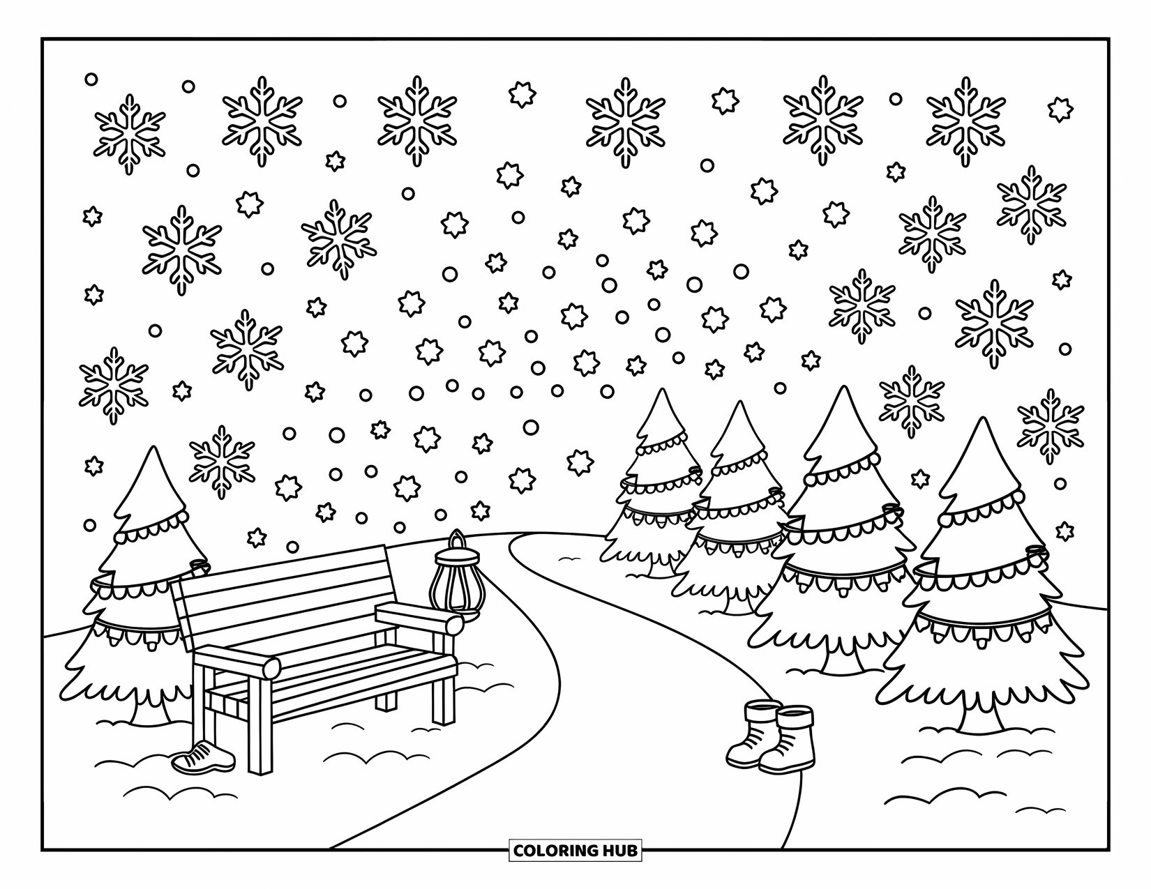 Snowflake Coloring Page for Adults: Snowflakes drift over a path of pine trees, boots, and a cozy bench