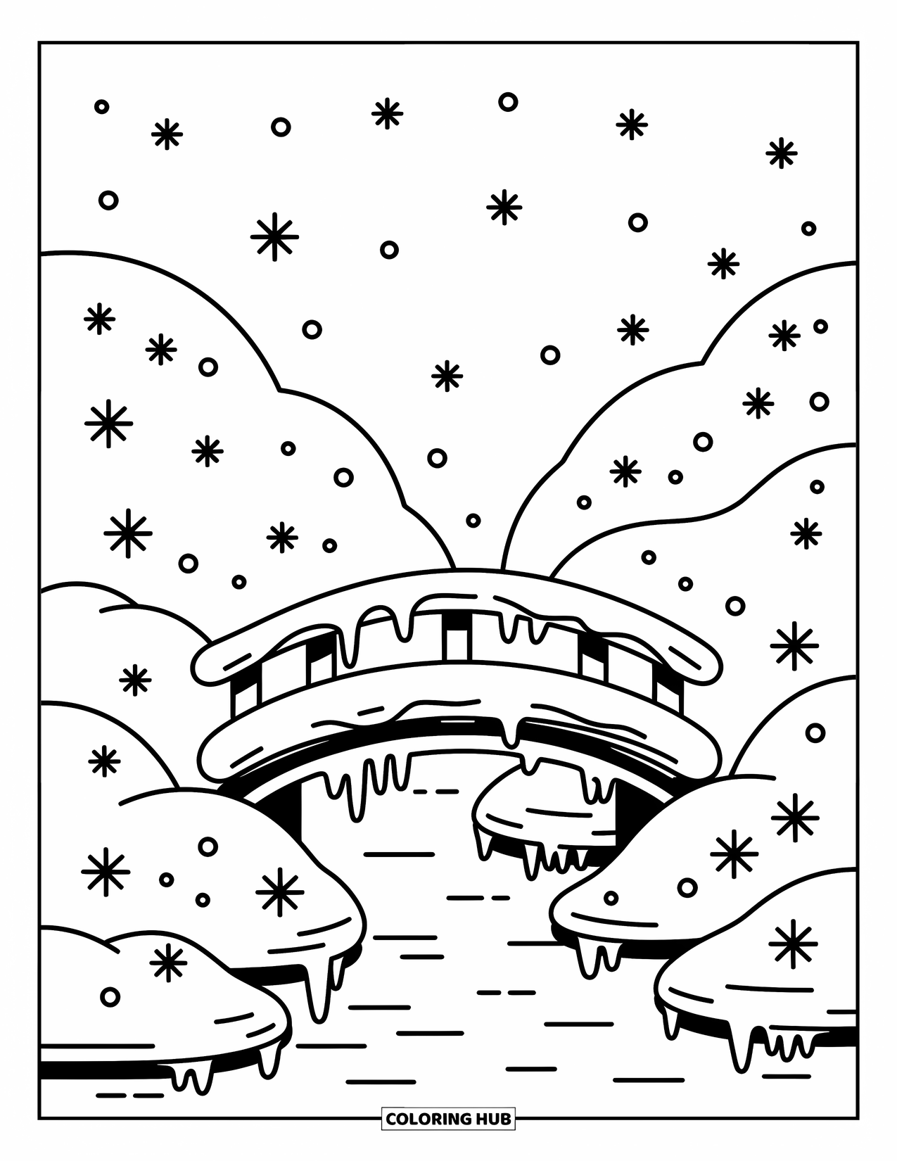 Snowflake Coloring Page for Adults: Snowflakes fall near a bridge and frozen stream on a peaceful, snowy hillside