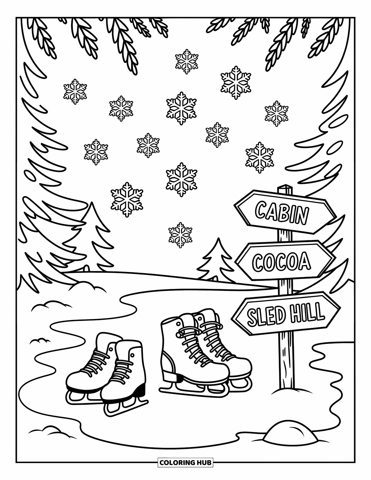 Snowflake Coloring Page for Adults: Snowflakes fall on a frozen pond with skates, boots, and a signpost nearby