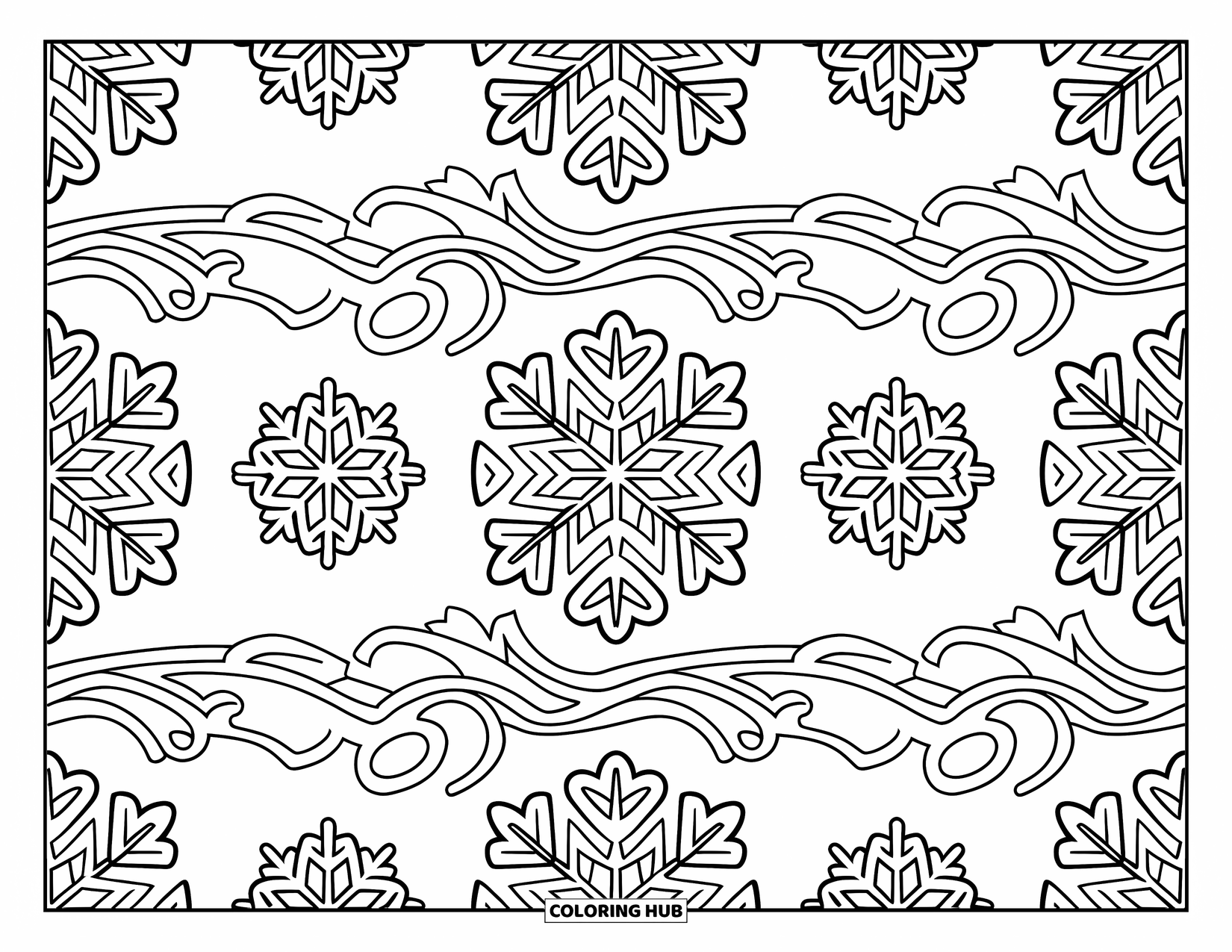 Snowflake Coloring Page for Adults: Snowflakes repeat across a full-page pattern framed by swirling winter vines