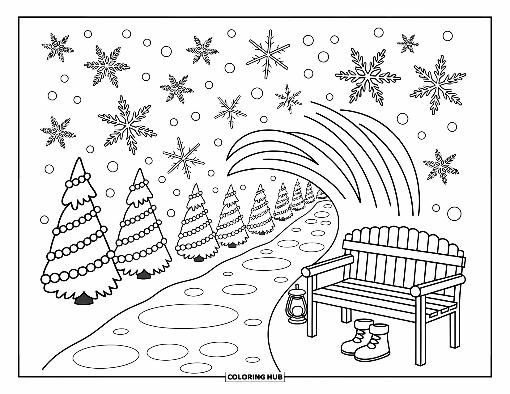 Snowflake Coloring Page for Adults: Snowflakes swirl down a snowy path lined with ribbon-wrapped pine trees and a bench
