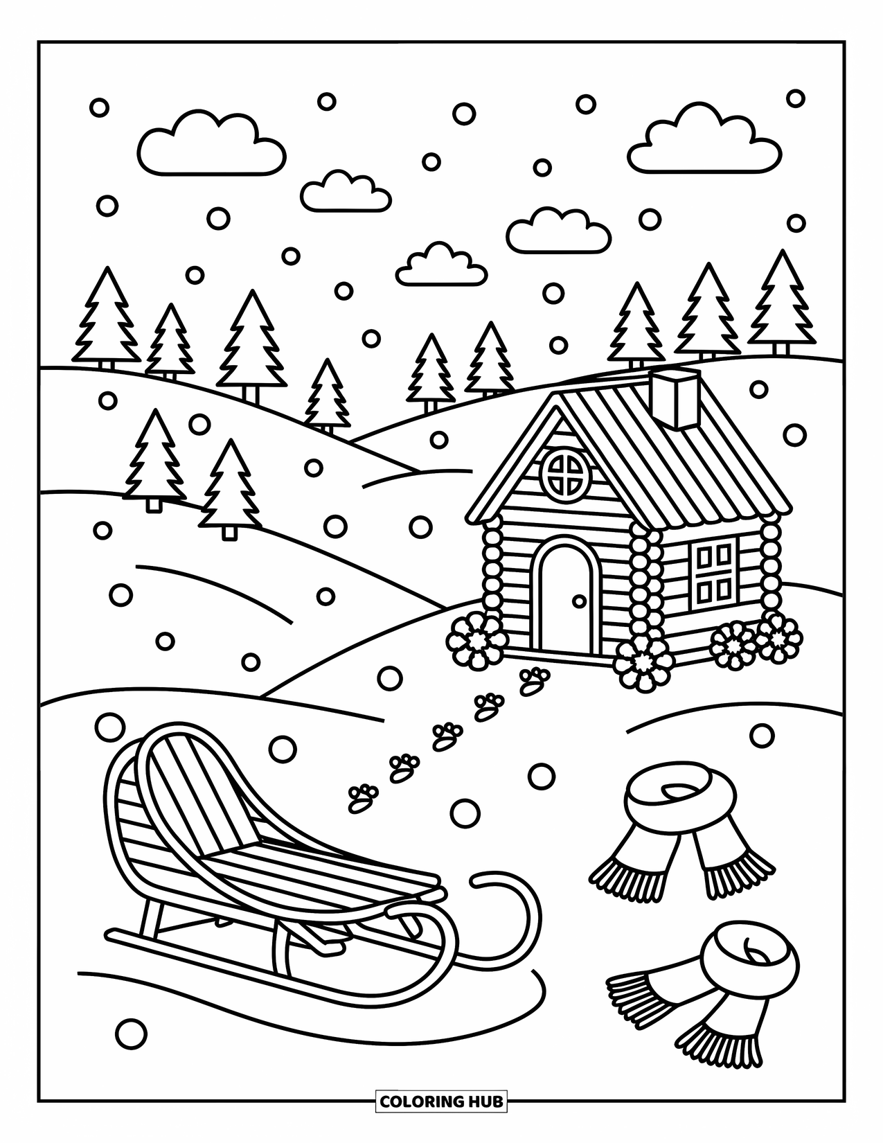 Snowflake Coloring Page for Adults: Snowy hills and pine trees surround a tiny cabin, sled, scarves, and footprints