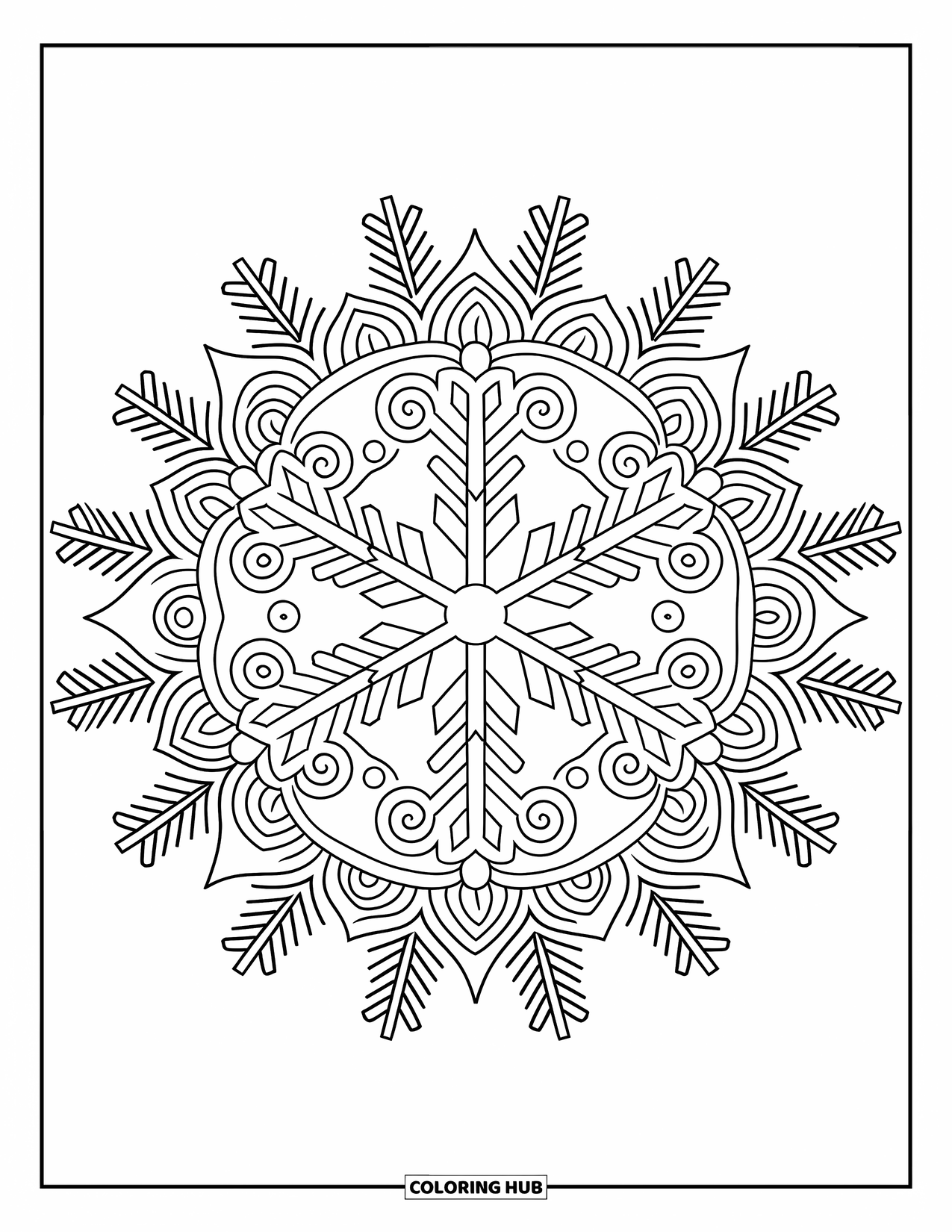 Snowflake Coloring Page for Adults: Swirls and pine details fill a snowflake mandala in a peaceful winter design