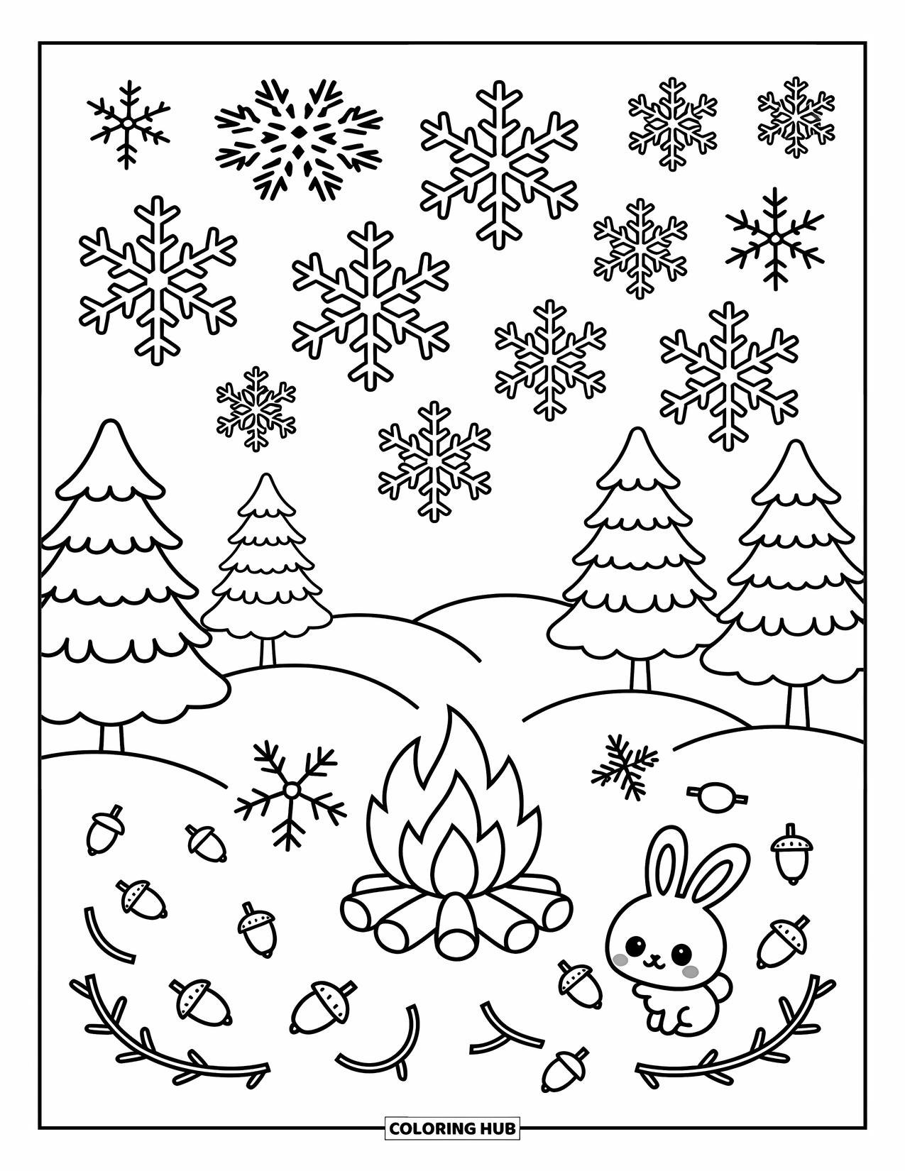 Snowflake Coloring Page for Adults: Tiny snowflakes drift over a rabbit and campfire in a peaceful winter forest