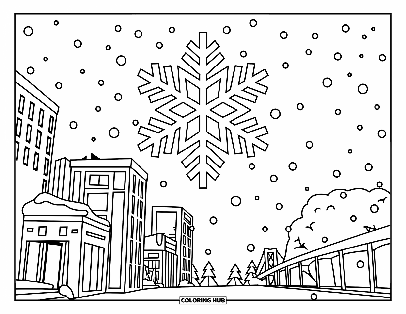 Snowflake Coloring Page for Kids: A big snowflake drifts over a snowy city filled with tall buildings and trees