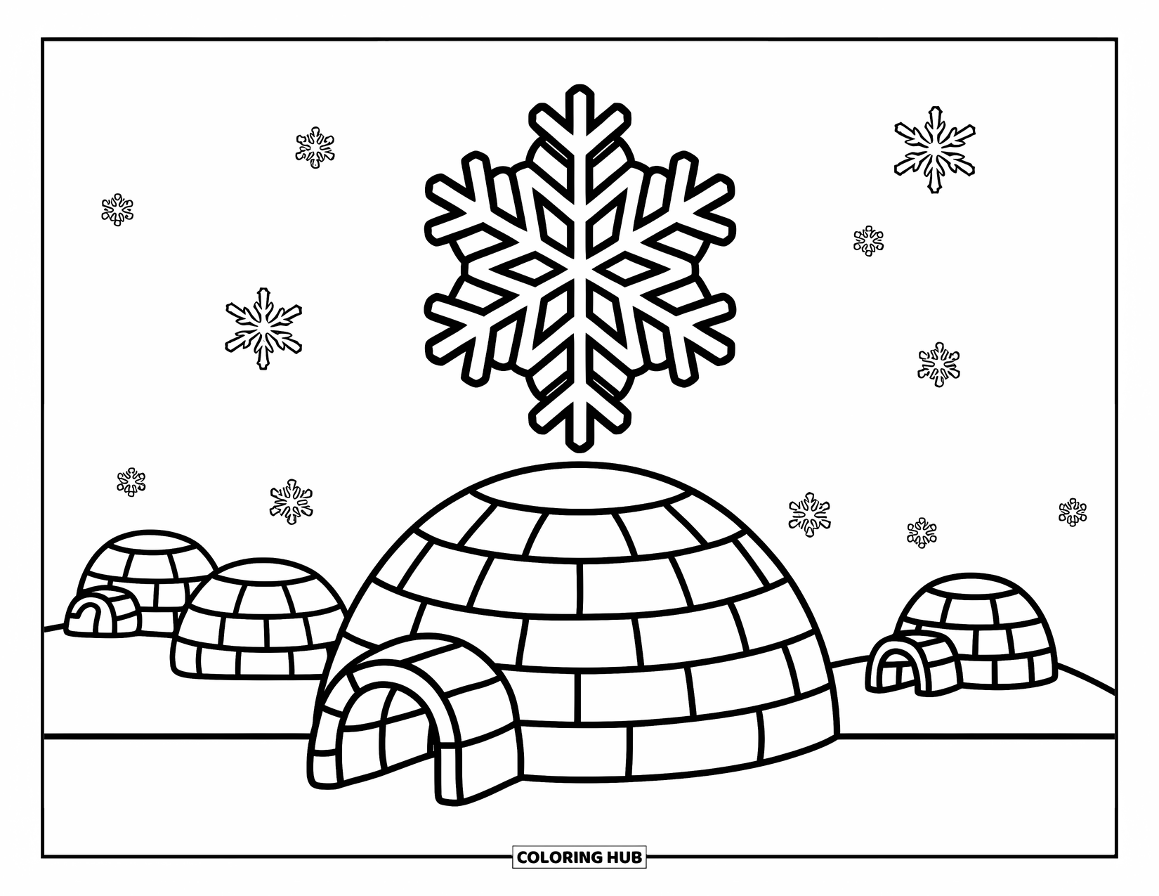Snowflake Coloring Page for Kids: A big snowflake shines above an igloo in a simple, snowy landscape