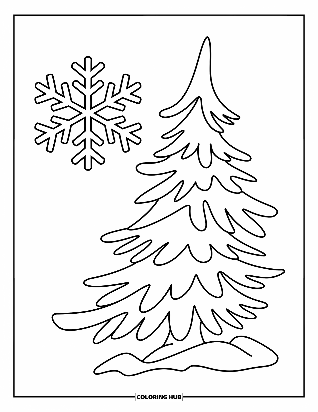 Snowflake Coloring Page for Kids: A large snowflake floats above a pine tree with bold, round leaves