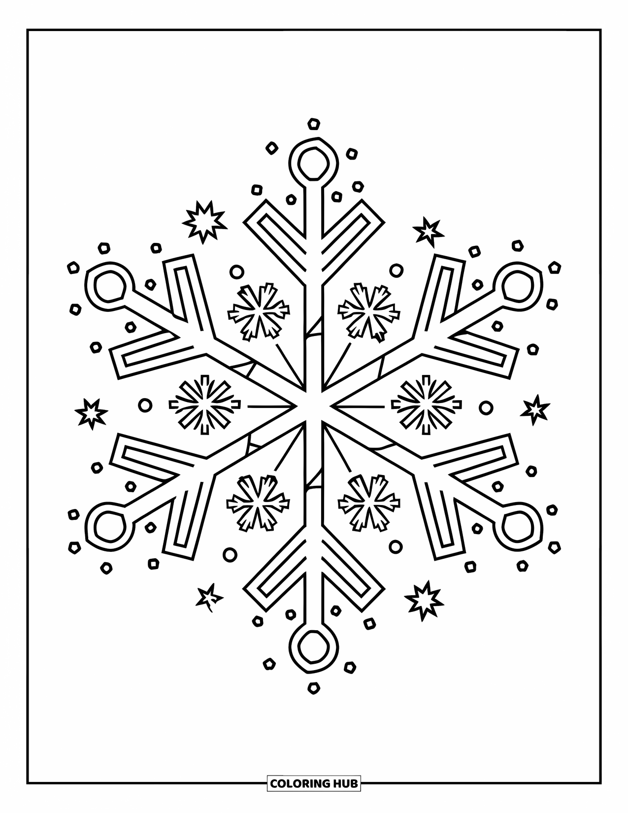 Snowflake Coloring Page for Kids: A large snowflake is surrounded by sparkles, dots, and tiny flake details