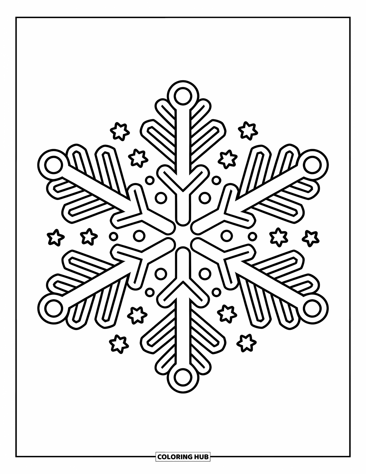 Snowflake Coloring Page for Kids: A large snowflake shines with sparkles and dots surrounding its bold arms