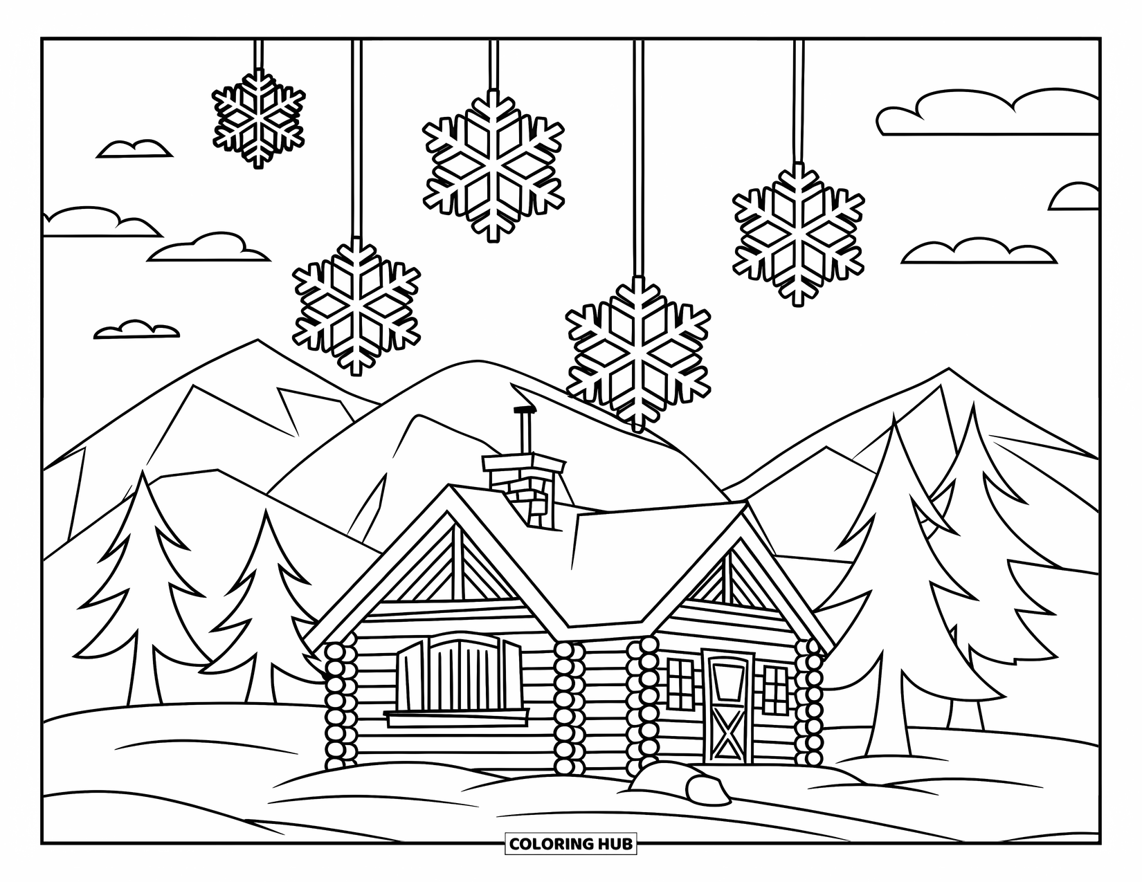 Snowflake Coloring Page for Kids: A peaceful cabin stands under falling snowflakes with mountains in the distance
