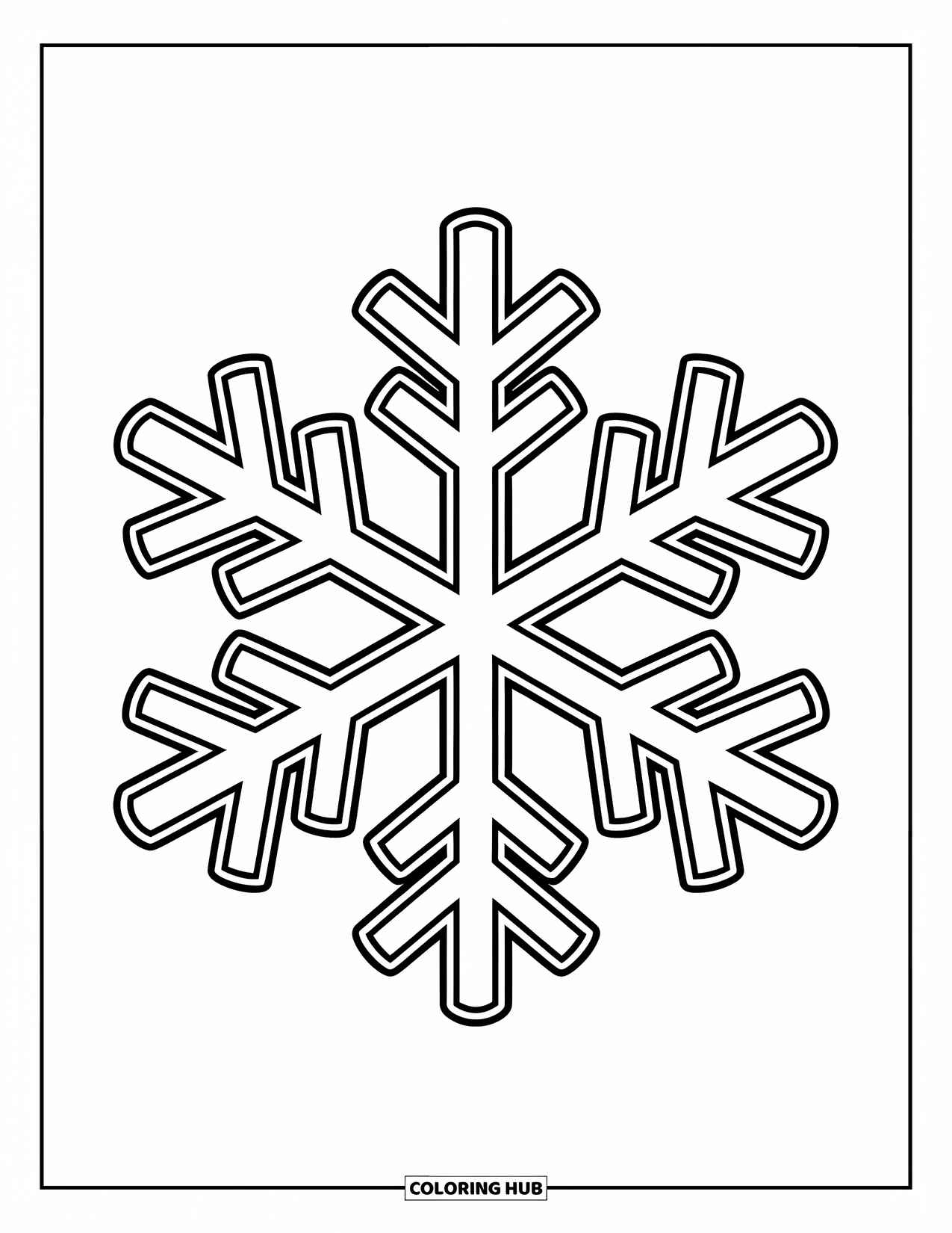 Snowflake Coloring Page for Kids: A single snowflake with bold branches rests in the middle of a white space