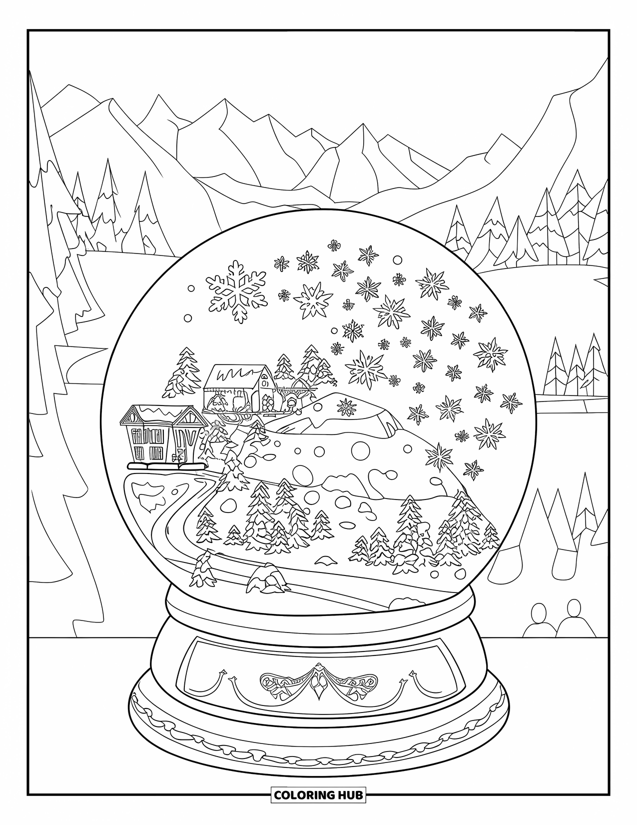 Snowflake Coloring Page for Kids: A snow globe bursts with swirling snowflakes and a tiny snowy village inside