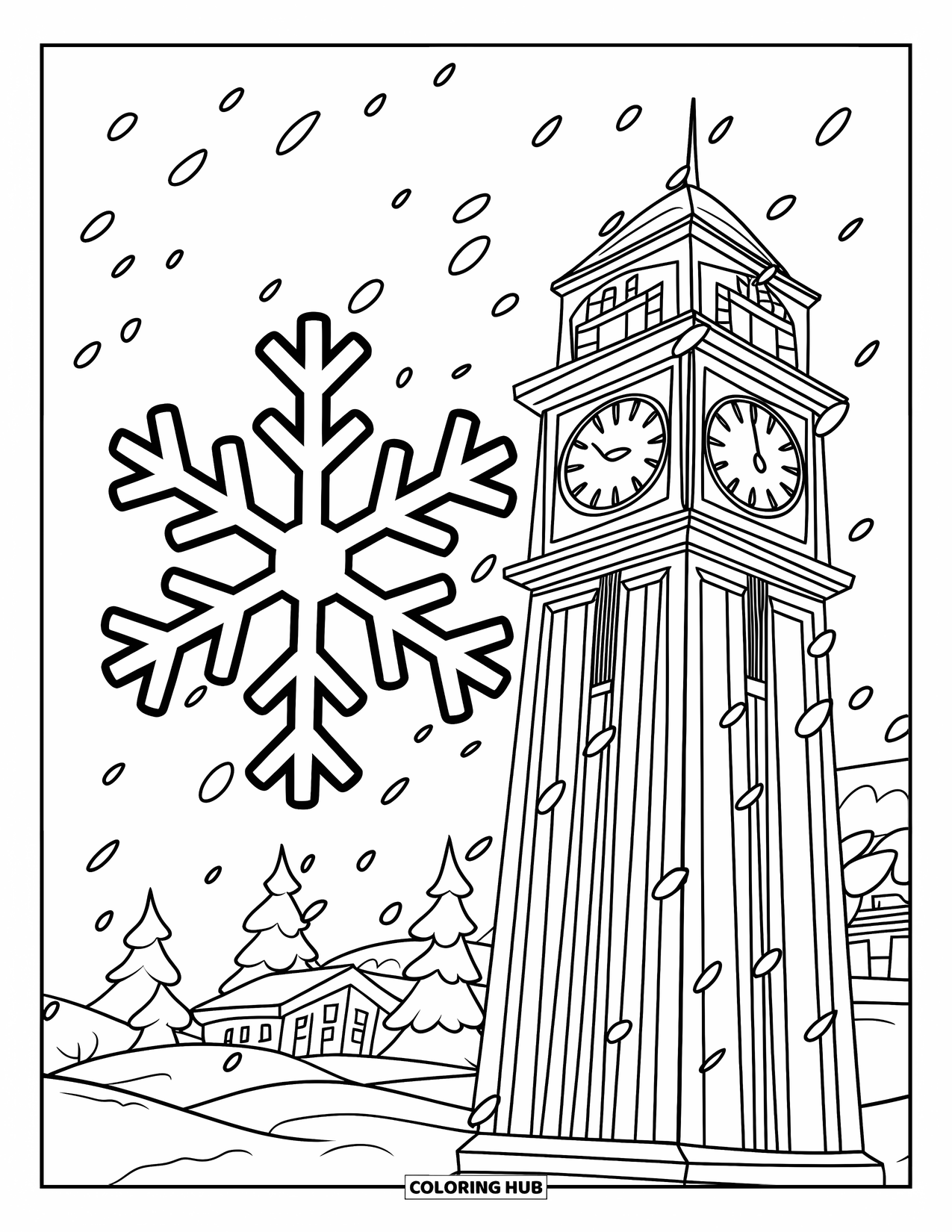 Snowflake Coloring Page for Kids: A snowflake drifts past a detailed clock tower in a snowy town