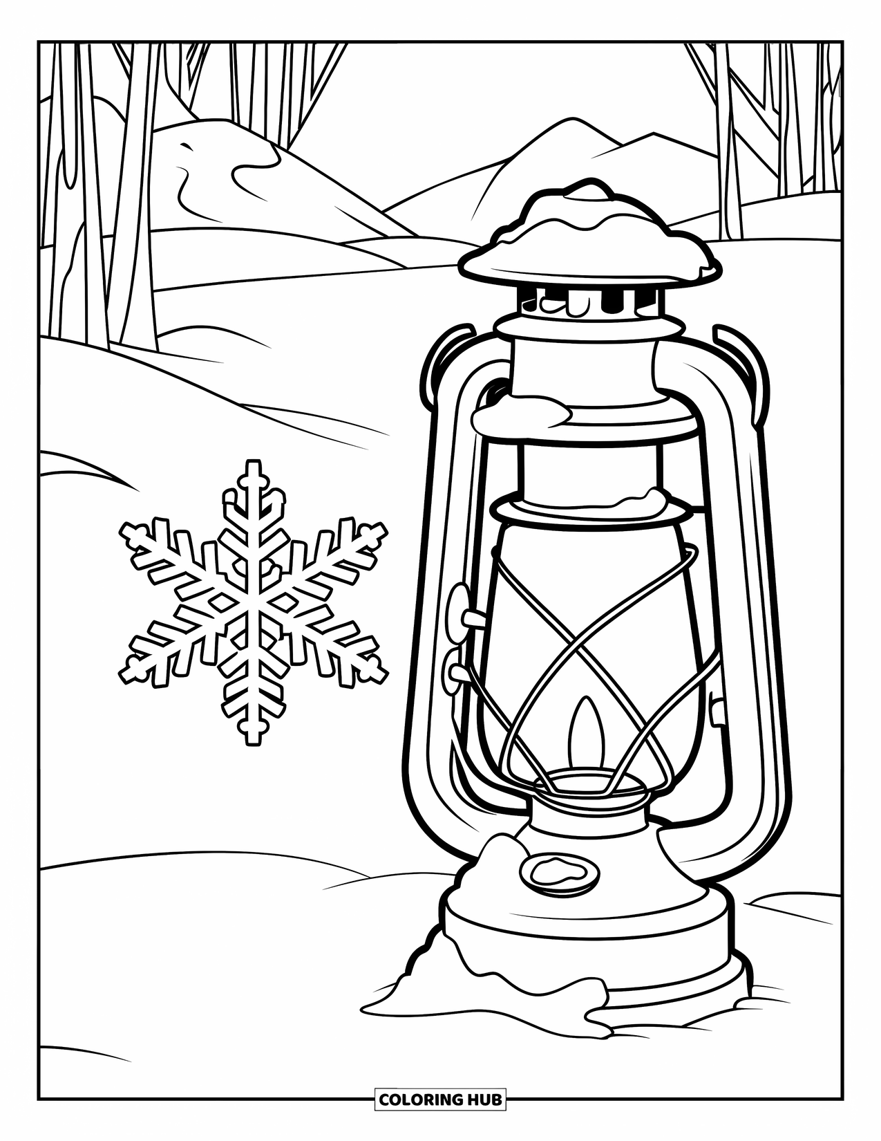 Snowflake Coloring Page for Kids: A snowflake falls onto a rustic lantern in a peaceful winter forest