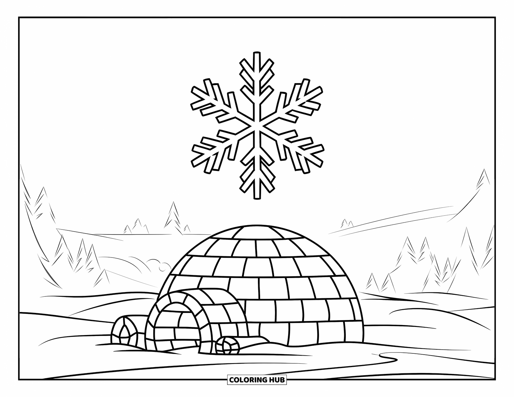Snowflake Coloring Page for Kids: A snowflake glides above a stacked-block igloo and soft swirling snow