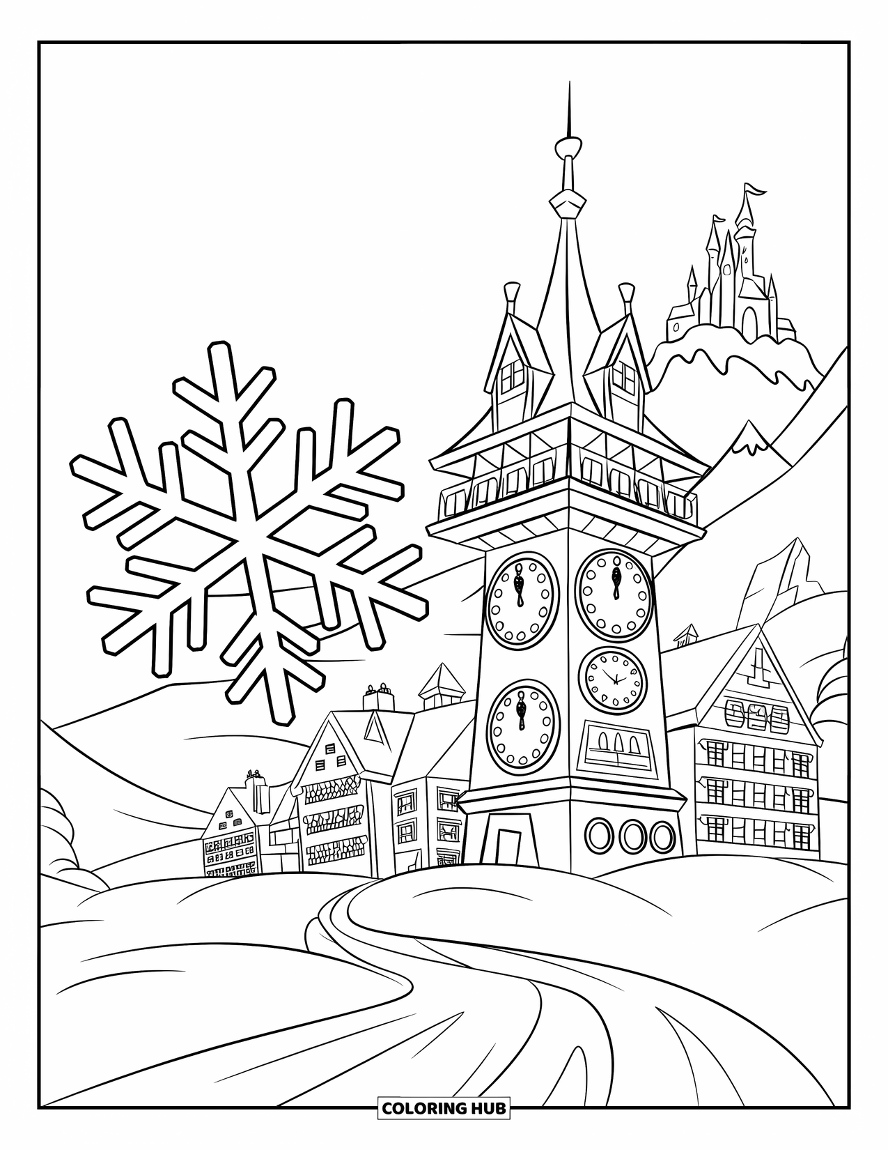 Snowflake Coloring Page for Kids: A snowflake glides past a clock tower as mountains and snowy buildings fill the view