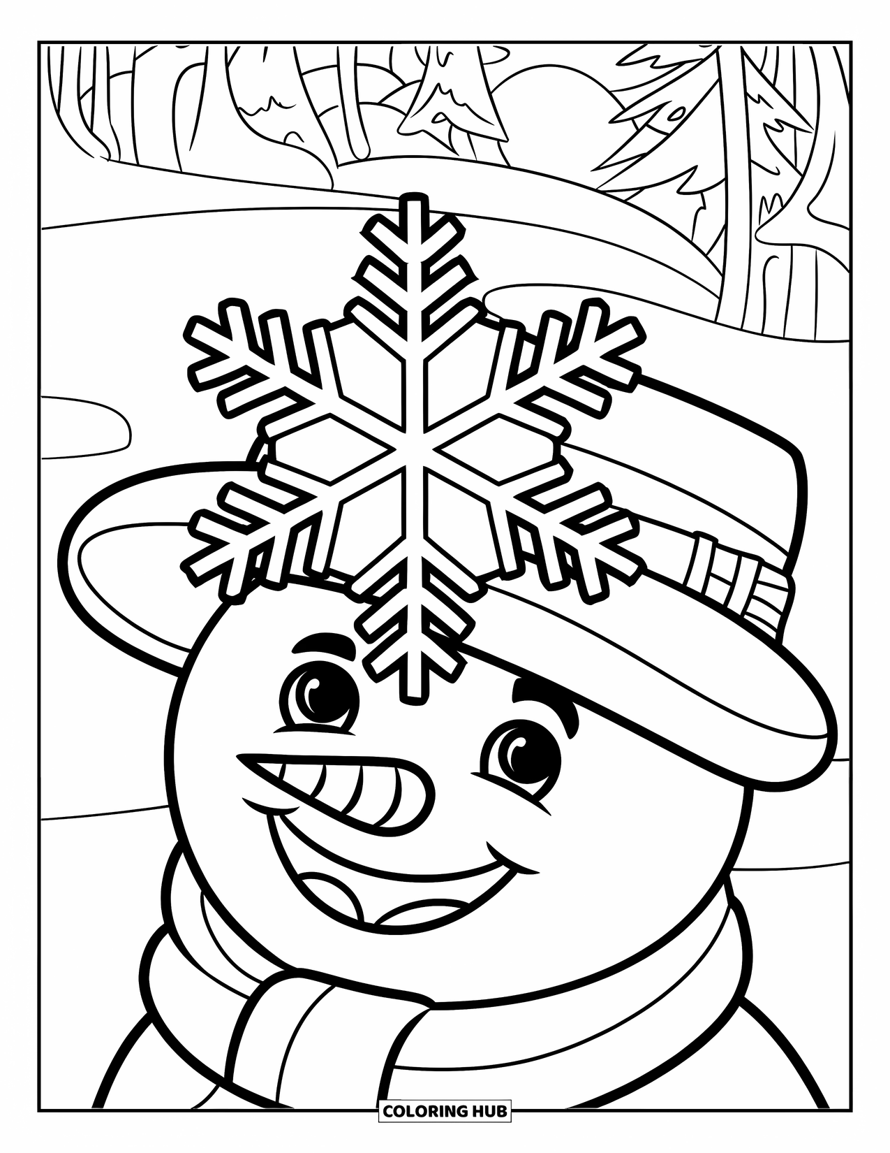 Snowflake Coloring Page for Kids: A snowflake lands on a snowman's hat as he smiles in a snowy landscape