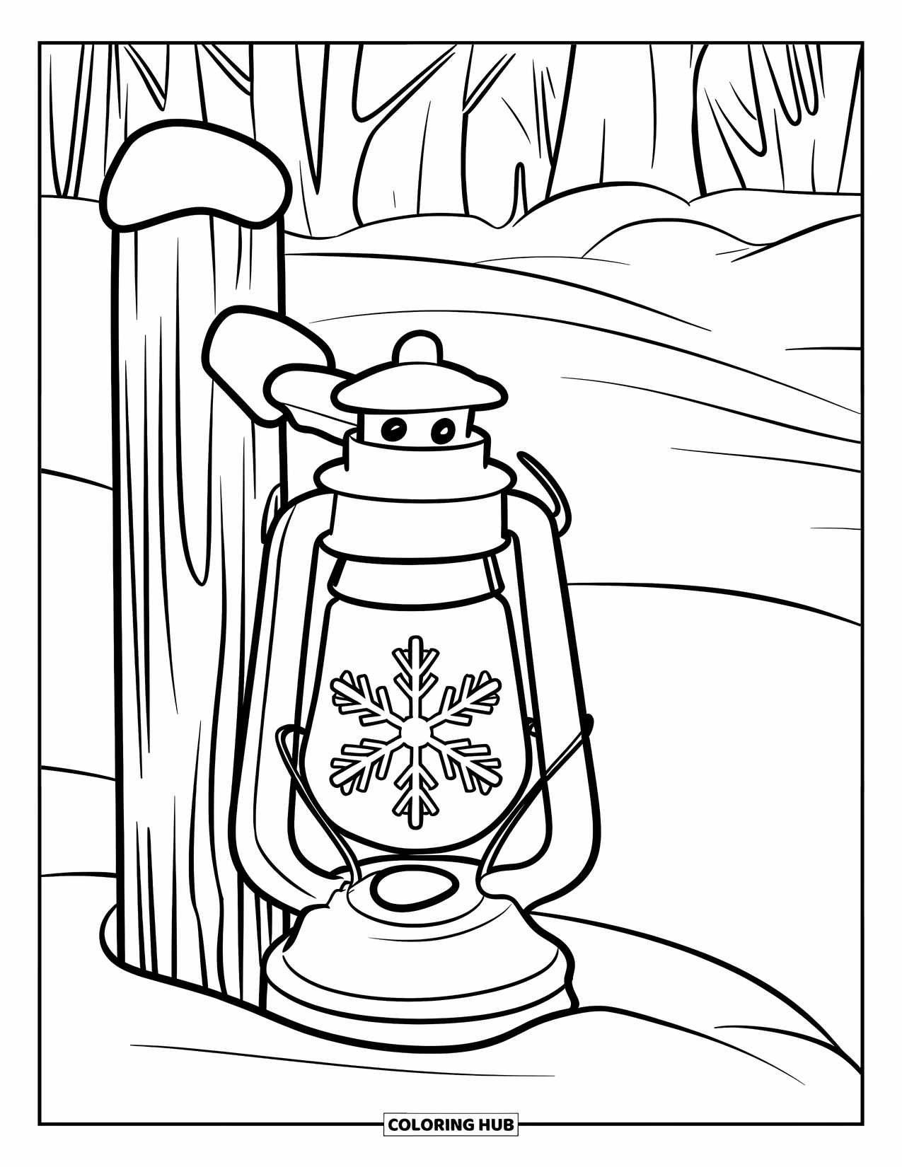 Snowflake Coloring Page for Kids: A snowflake lands on a snowy lantern post surrounded by trees and soft snow
