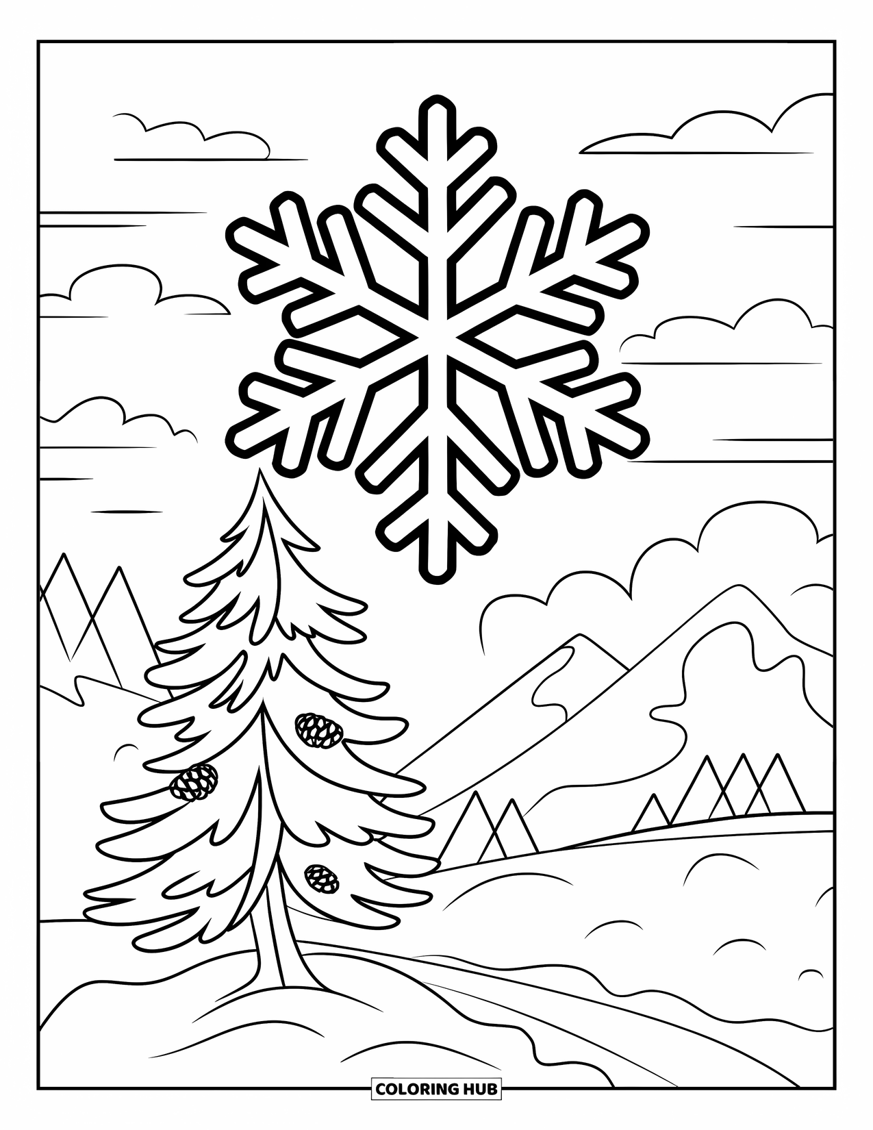 Snowflake Coloring Page for Kids: A snowflake rests above a pine tree with pinecones and a path below