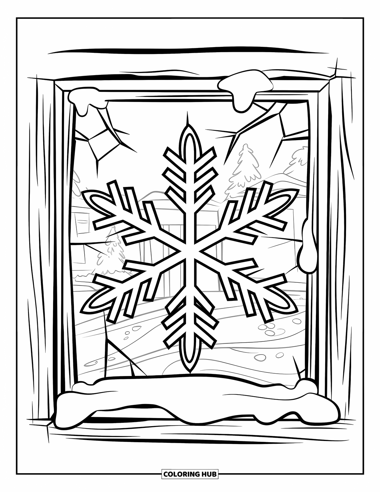 Snowflake Coloring Page for Kids: A snowflake rests on a frosty window framed with wood and cracks