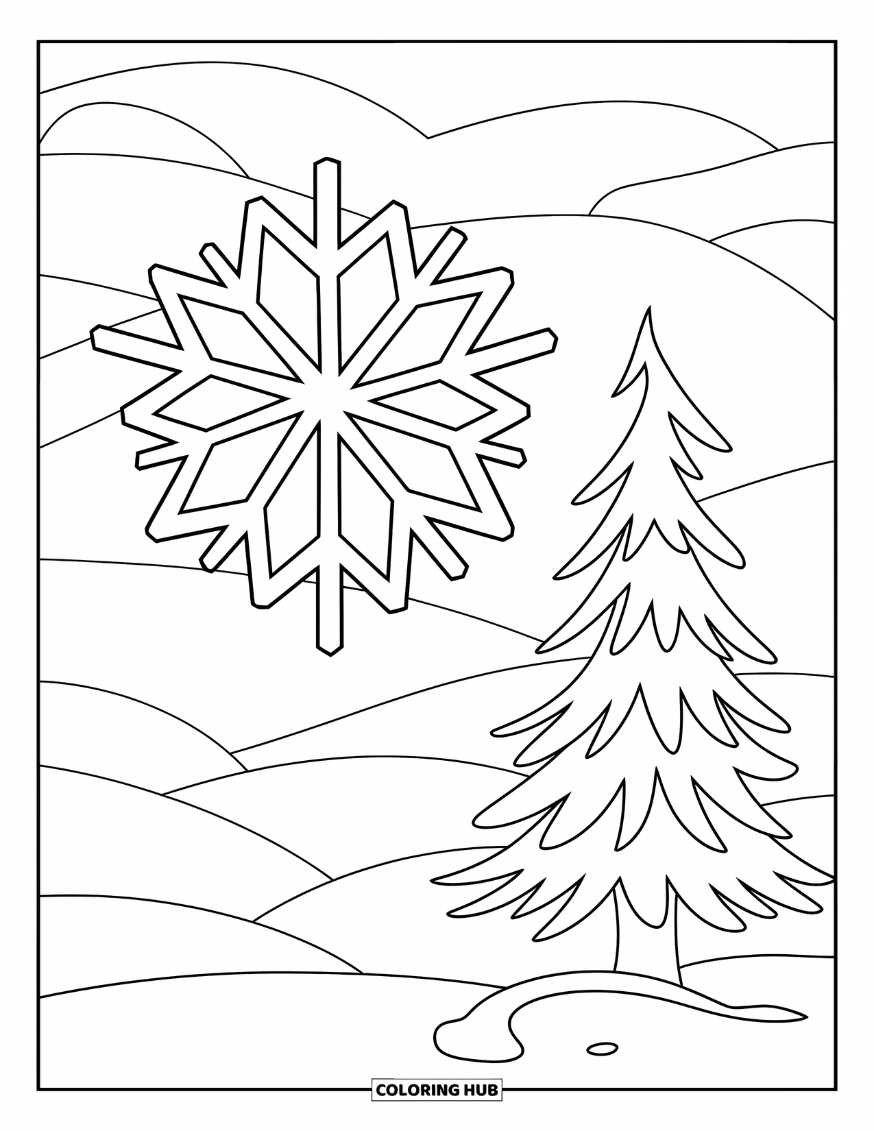 Snowflake Coloring Page for Kids: A snowflake sits above a tree in a snowy hill landscape