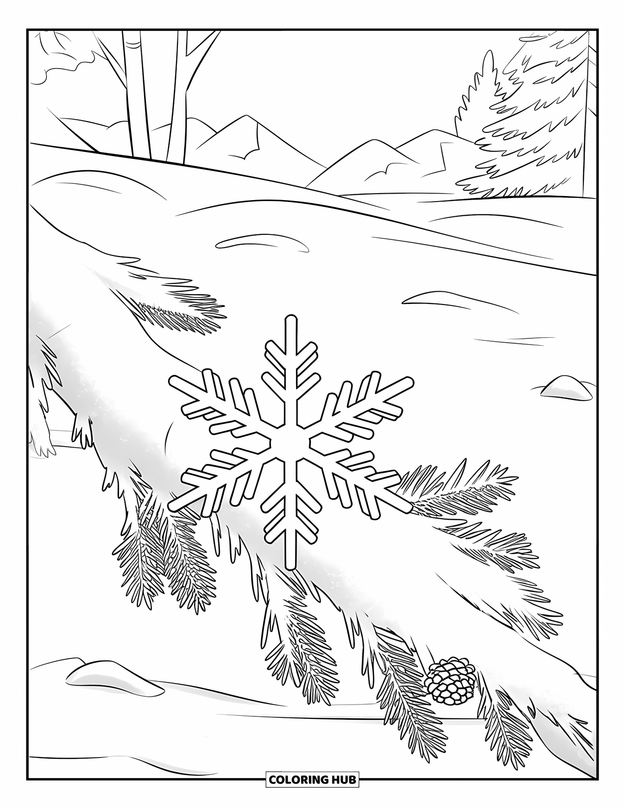 Snowflake Coloring Page for Kids: A snowflake sits quietly on a branch surrounded by pinecones and distant mountains