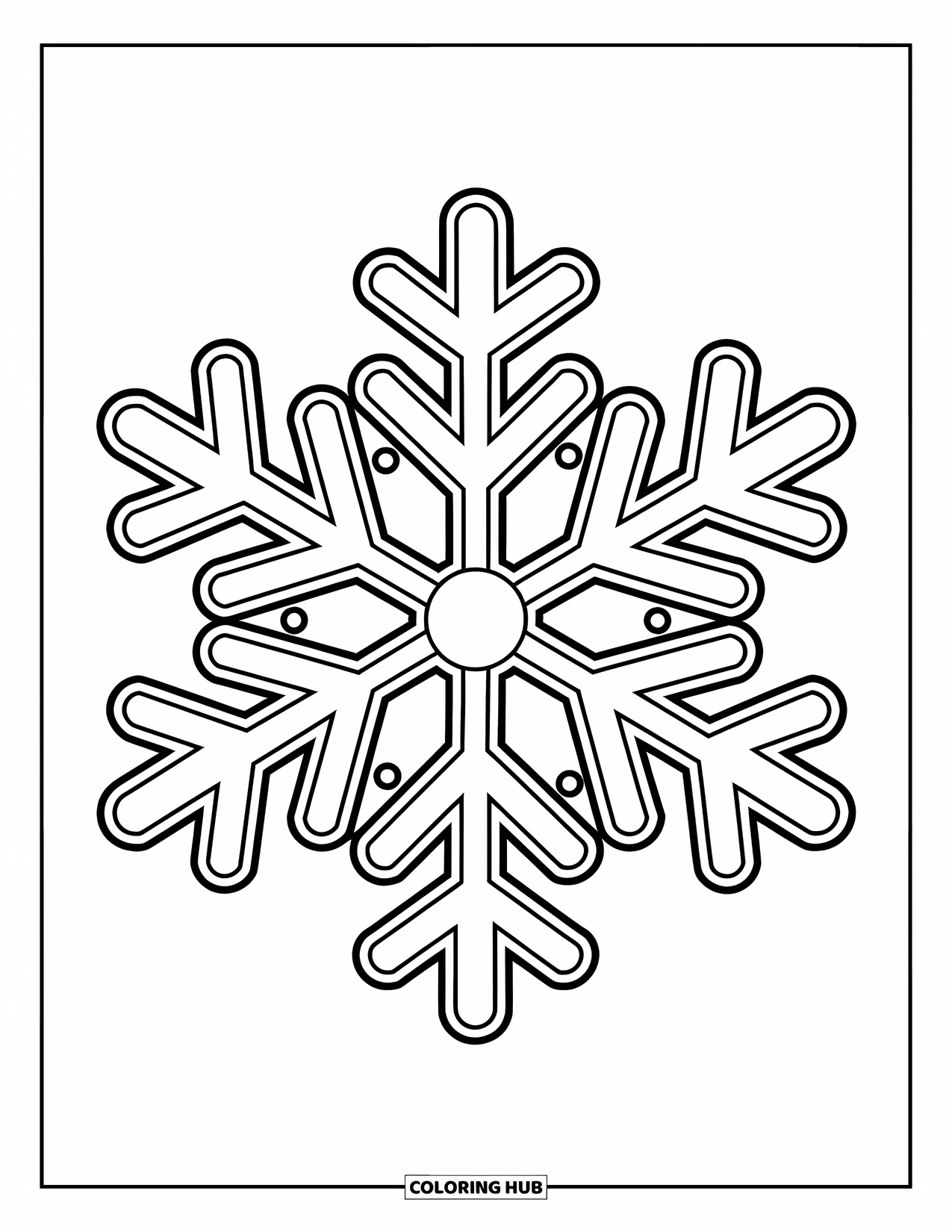 Snowflake Coloring Page for Kids: A snowflake stands out with sparkles and dots floating around it