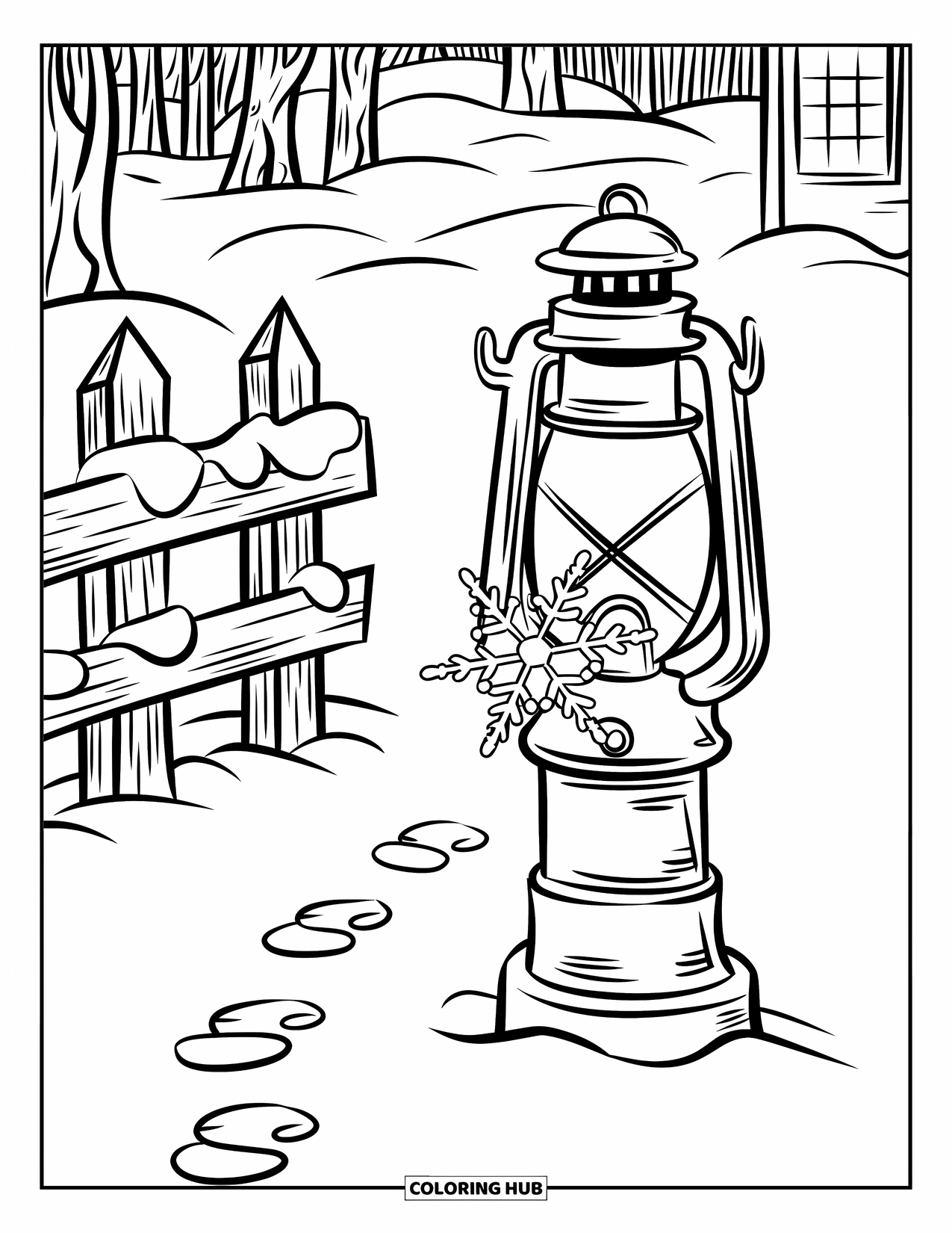 Snowflake Coloring Page for Kids: A snowflake touches a lantern near a wooden fence and snowy path