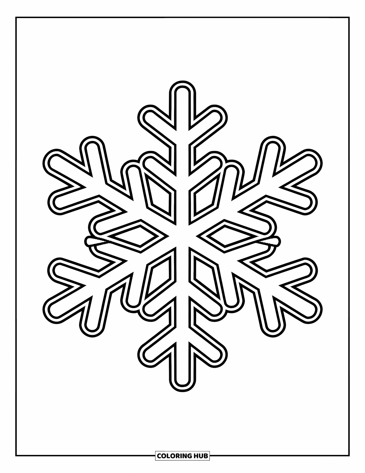 Snowflake Coloring Page for Kids: A snowflake with chunky branches and simple shapes fills the center